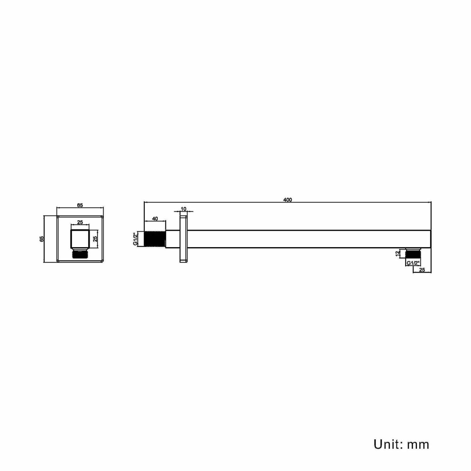 400mm Square Wall Mounted Shower Arm - Image 2
