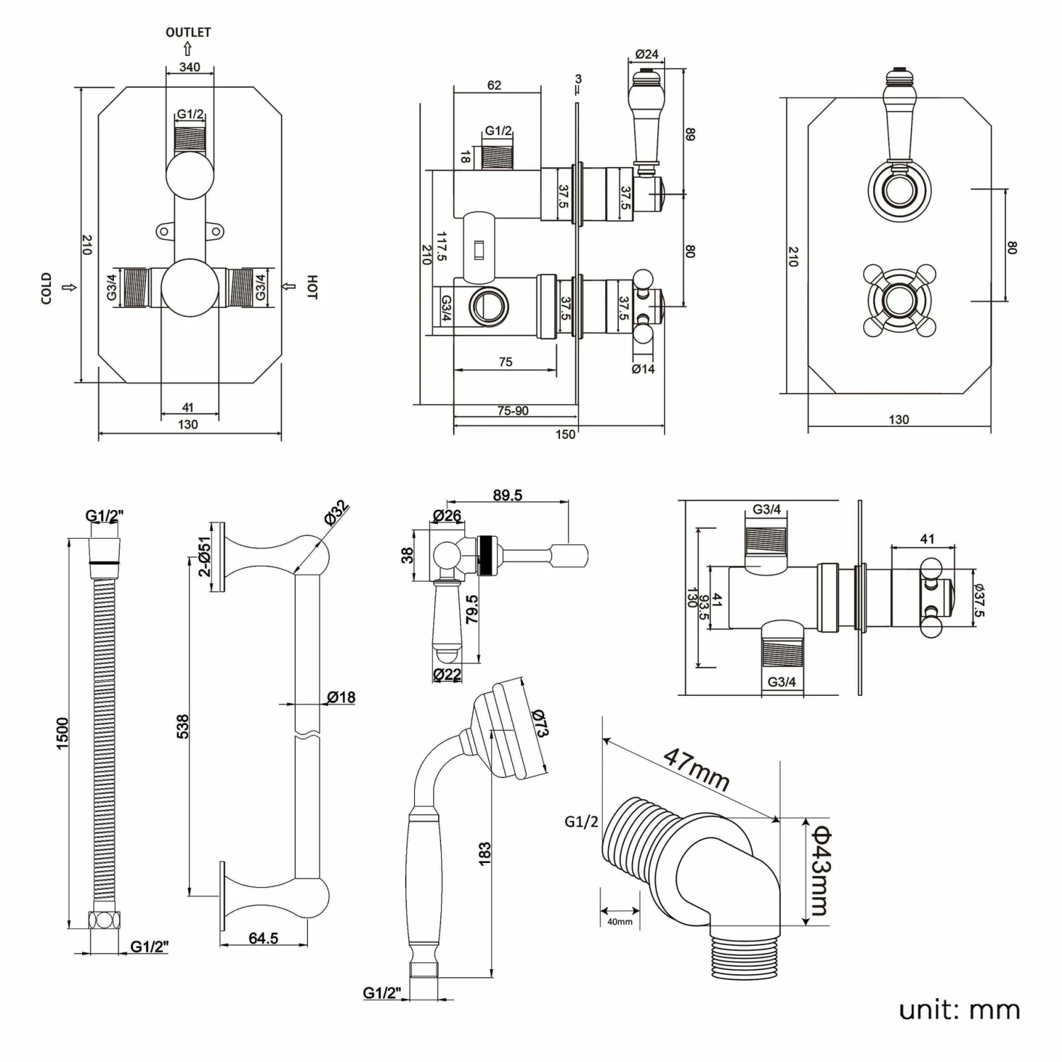 Kinsale Essential Traditional Thermostatic Slider Hand Shower Set - Image 2