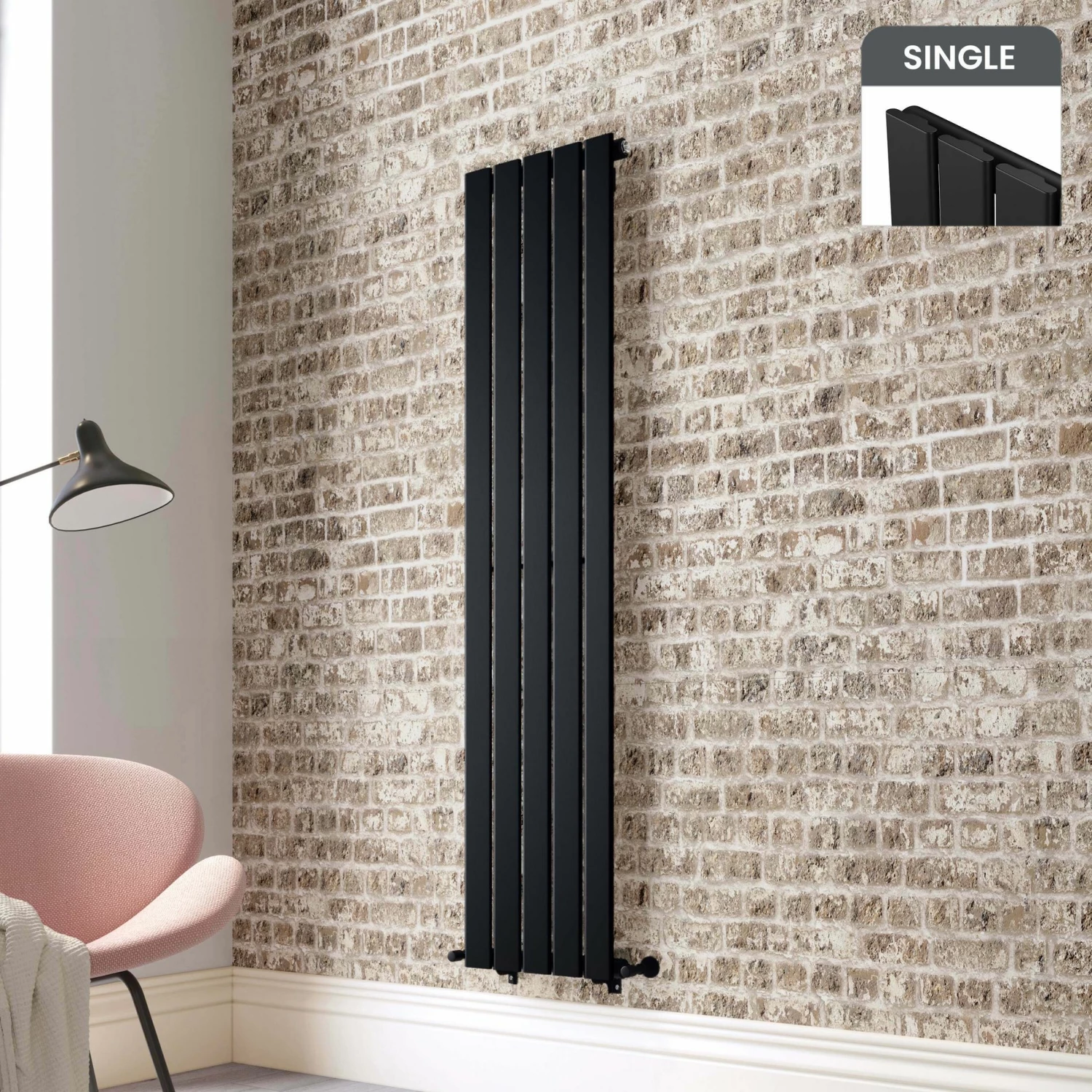 Faro Matt Black Single Flat Panel Vertical Radiator 1600x350mm