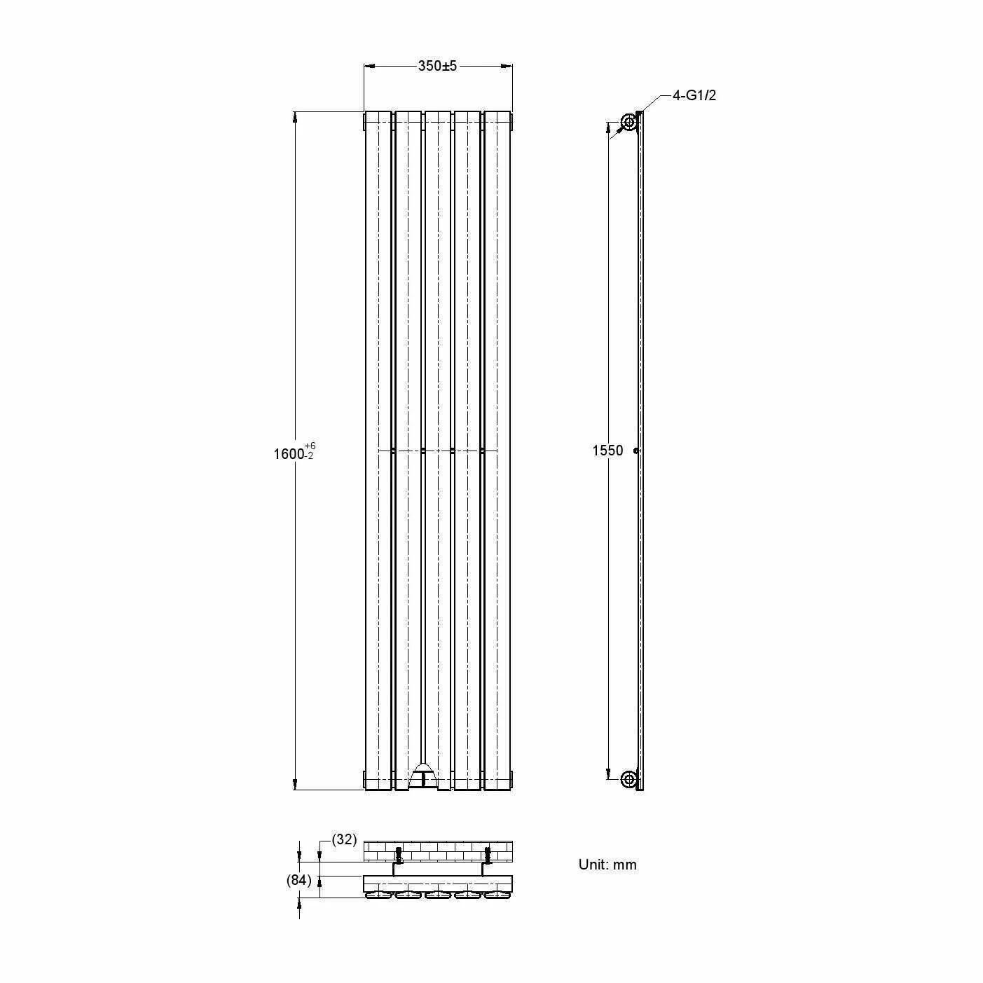 Faro Matt Black Single Flat Panel Vertical Radiator 1600x350mm - Image 7