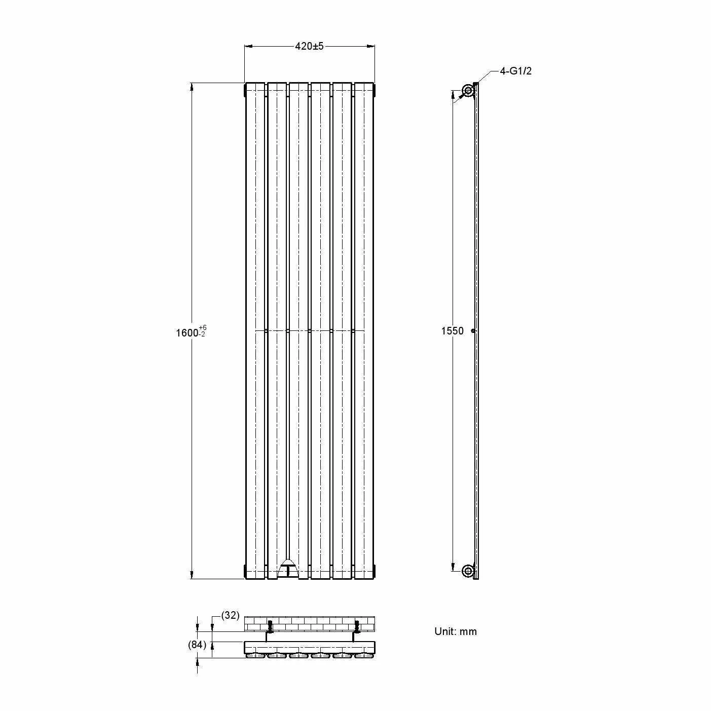 Faro Matt Black Single Flat Panel Vertical Radiator 1600x420mm - Image 7