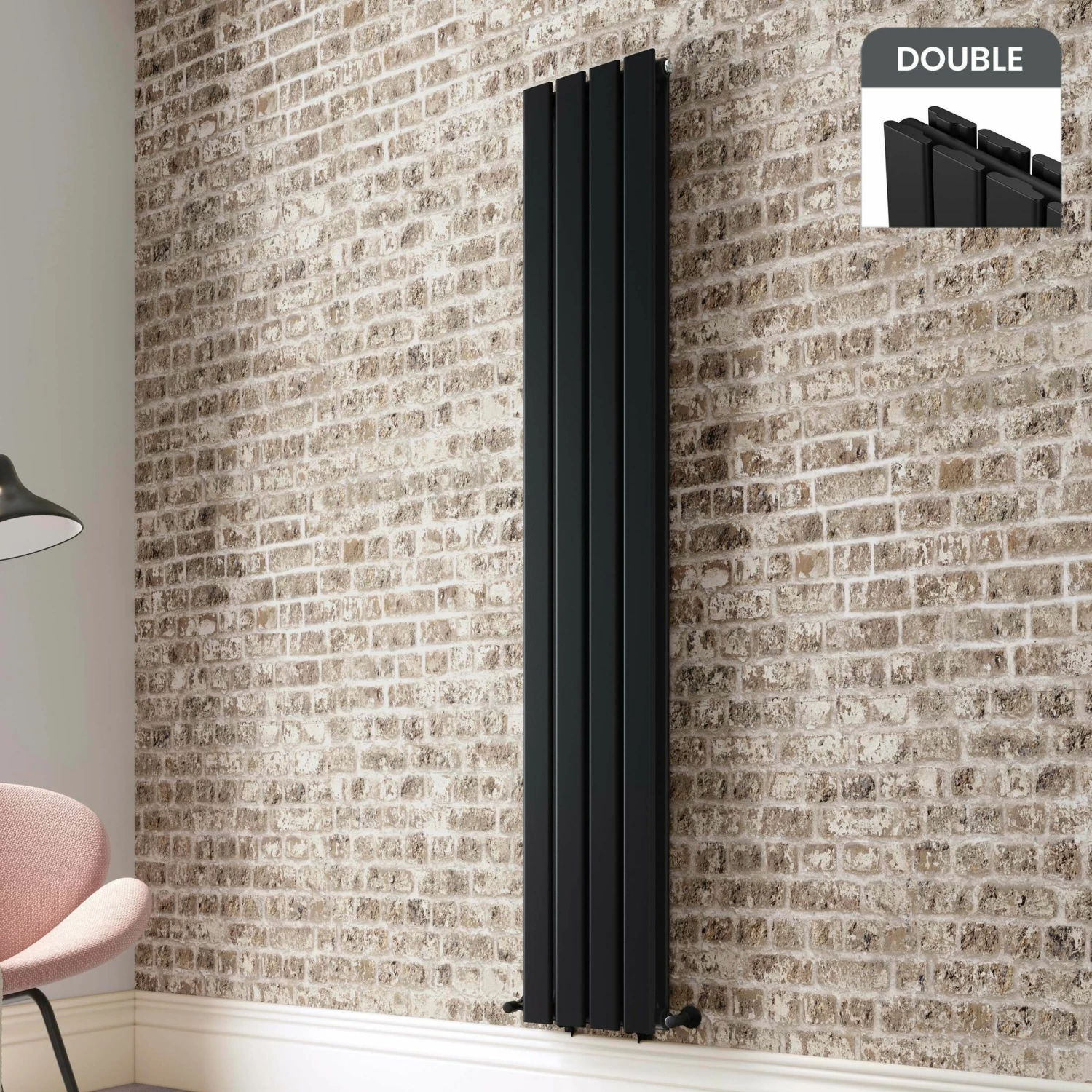 Faro Matt Black Double Flat Panel Vertical Radiator 1800x280mm