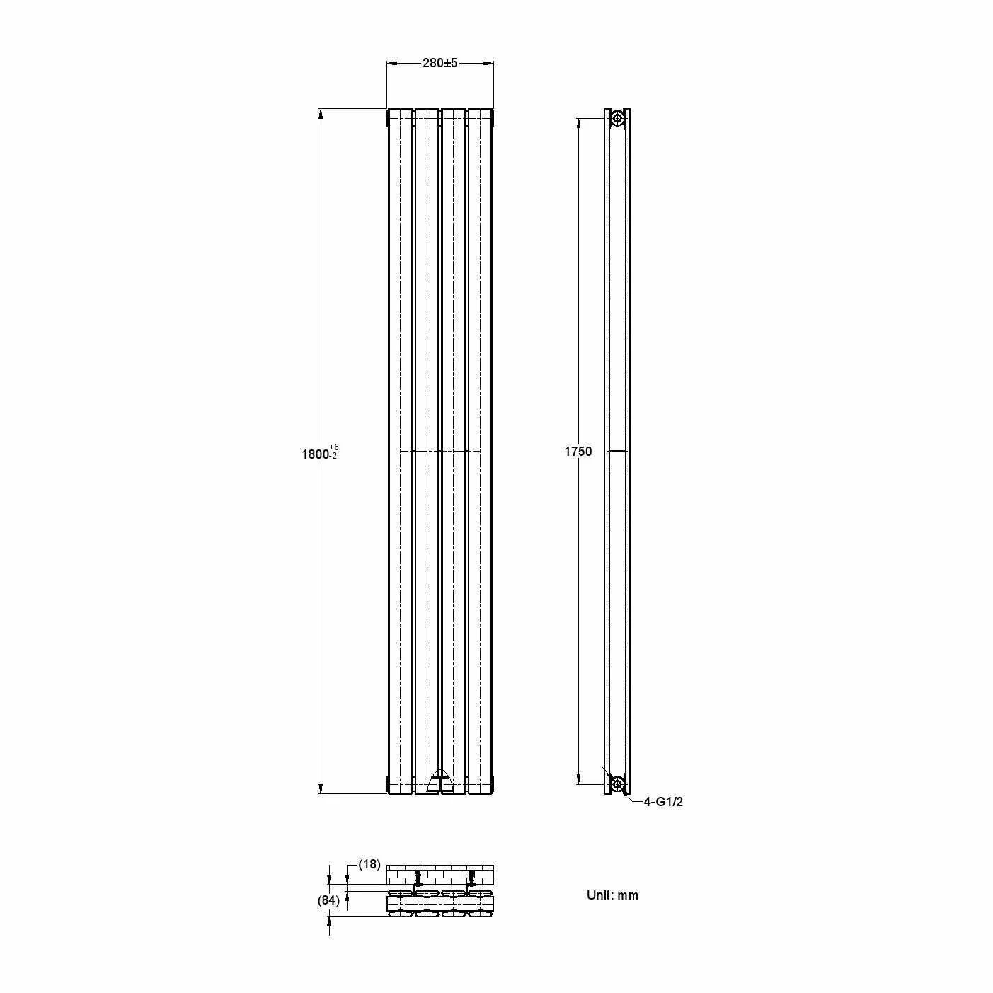 Faro Matt Black Double Flat Panel Vertical Radiator 1800x280mm - Image 3