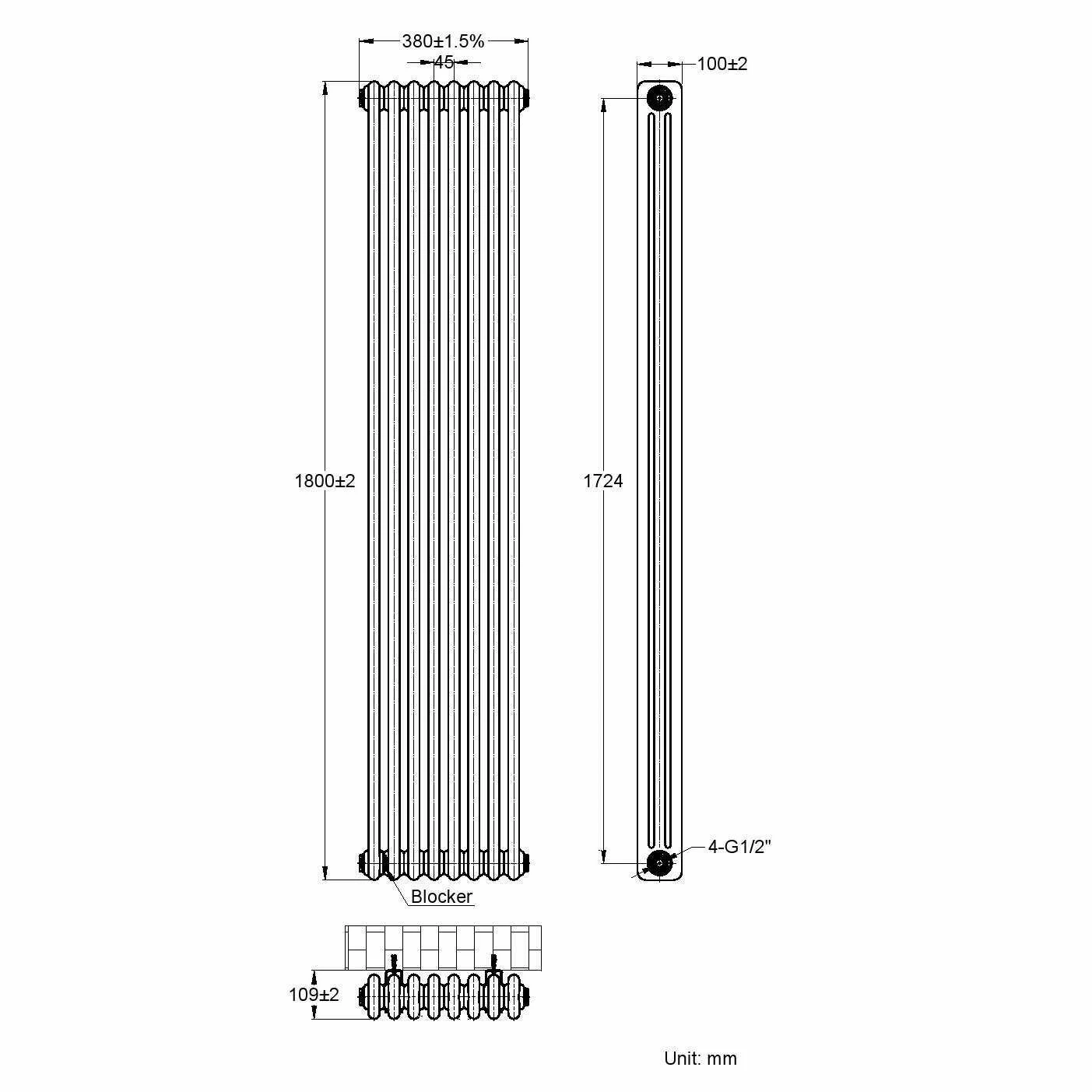 Athens White Triple Column Vertical Traditional Radiator 1800x380mm - Image 6