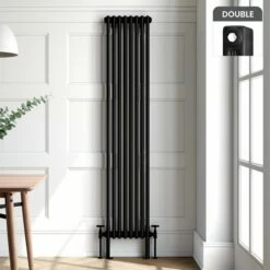 Athens Matt Black Double Column Vertical Traditional Radiator 1800x380mm