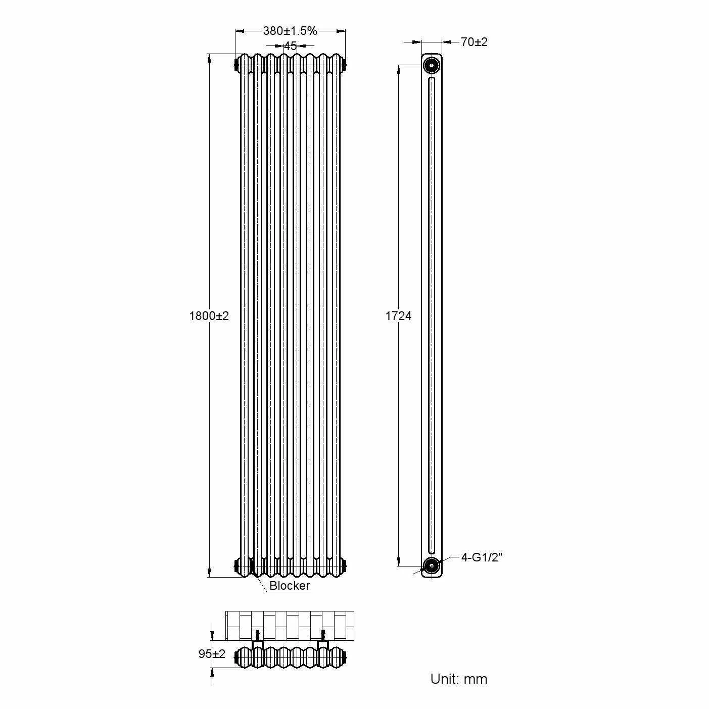 Athens Matt Black Double Column Vertical Traditional Radiator 1800x380mm - Image 6