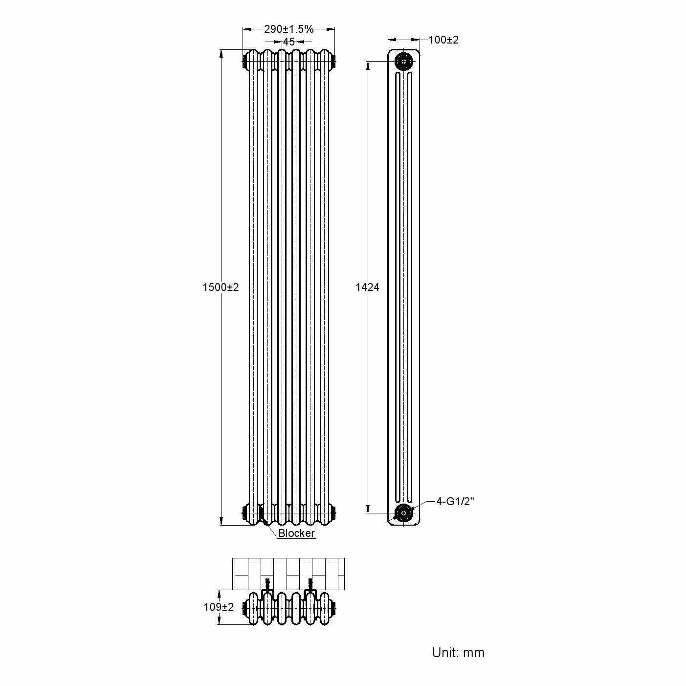 Athens Anthracite Triple Column Vertical Traditional Radiator 1500x290mm - Image 6