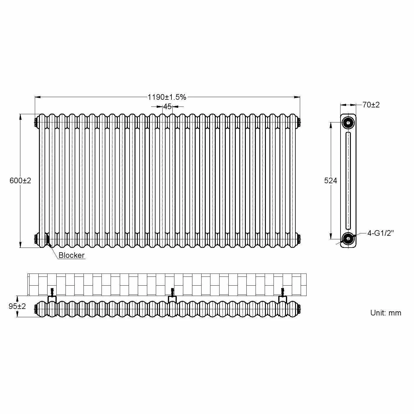Athens White Double Column Horizontal Traditional Radiator 600x1190mm - Image 6