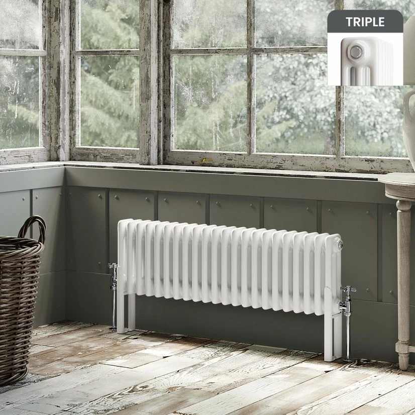 Athens White Triple Column Horizontal Traditional Radiator 300x1010mm