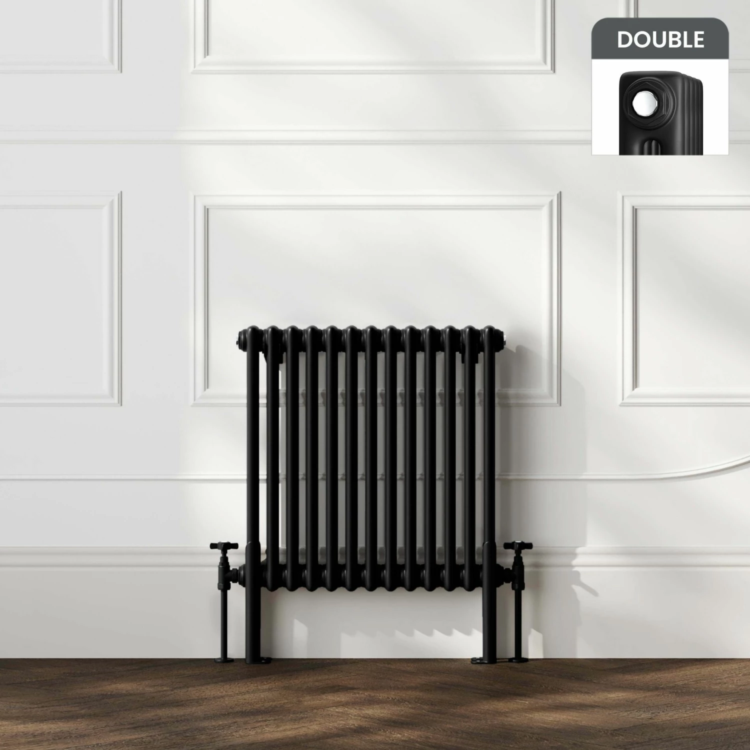 Athens Matt Black Double Column Horizontal Traditional Radiator 600x605mm