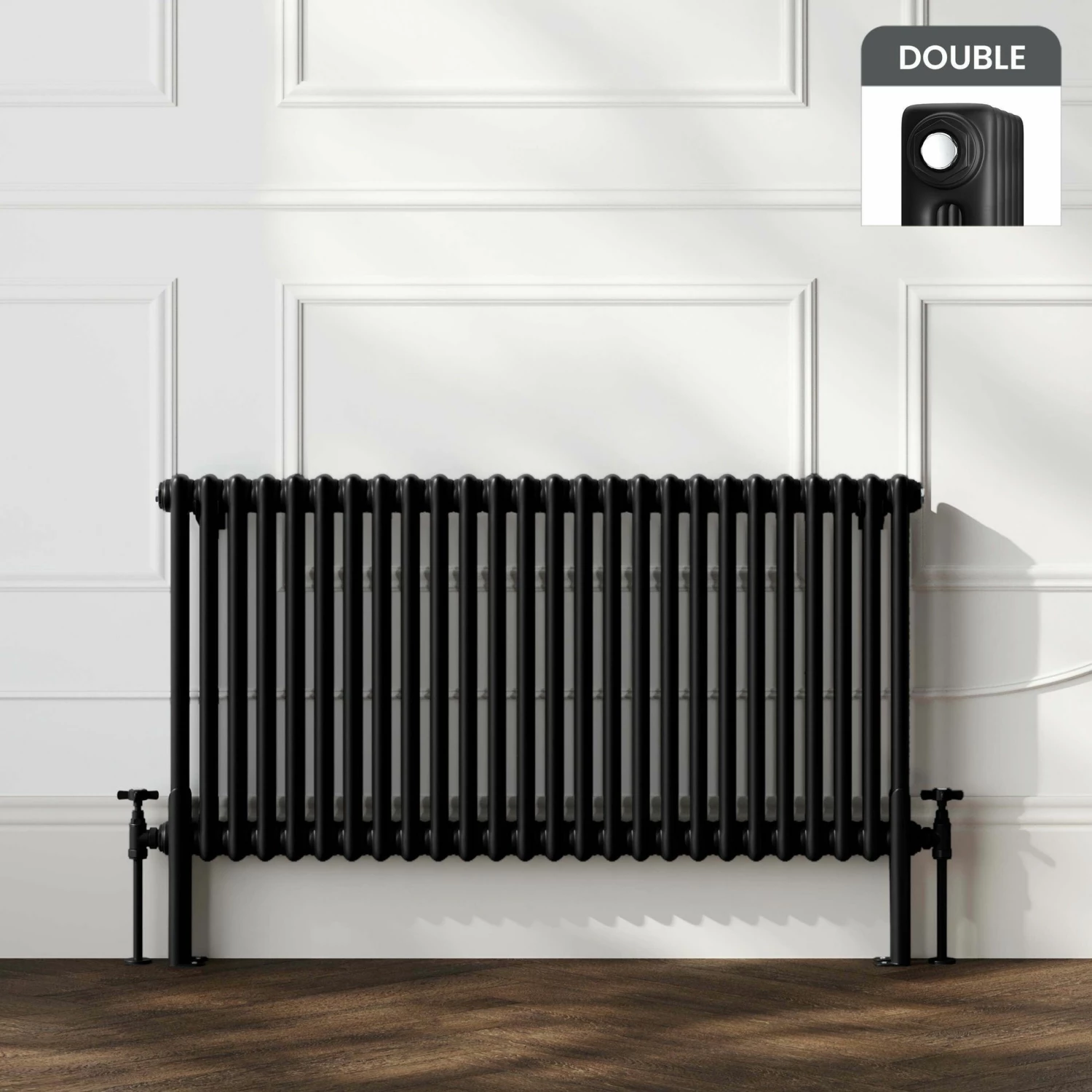 Athens Matt Black Double Column Horizontal Traditional Radiator 600x1190mm