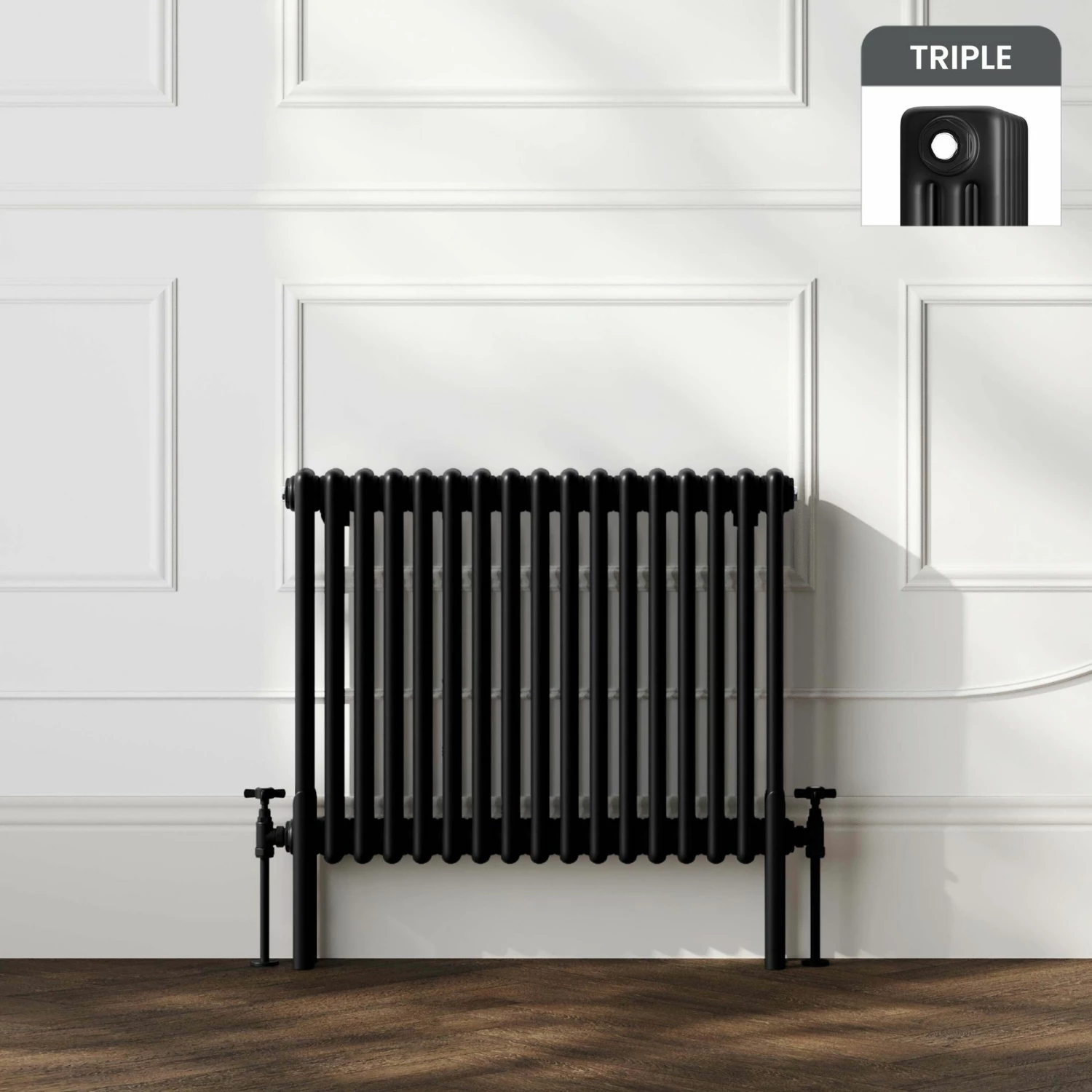 Athens Matt Black Triple Column Horizontal Traditional Radiator 600x785mm
