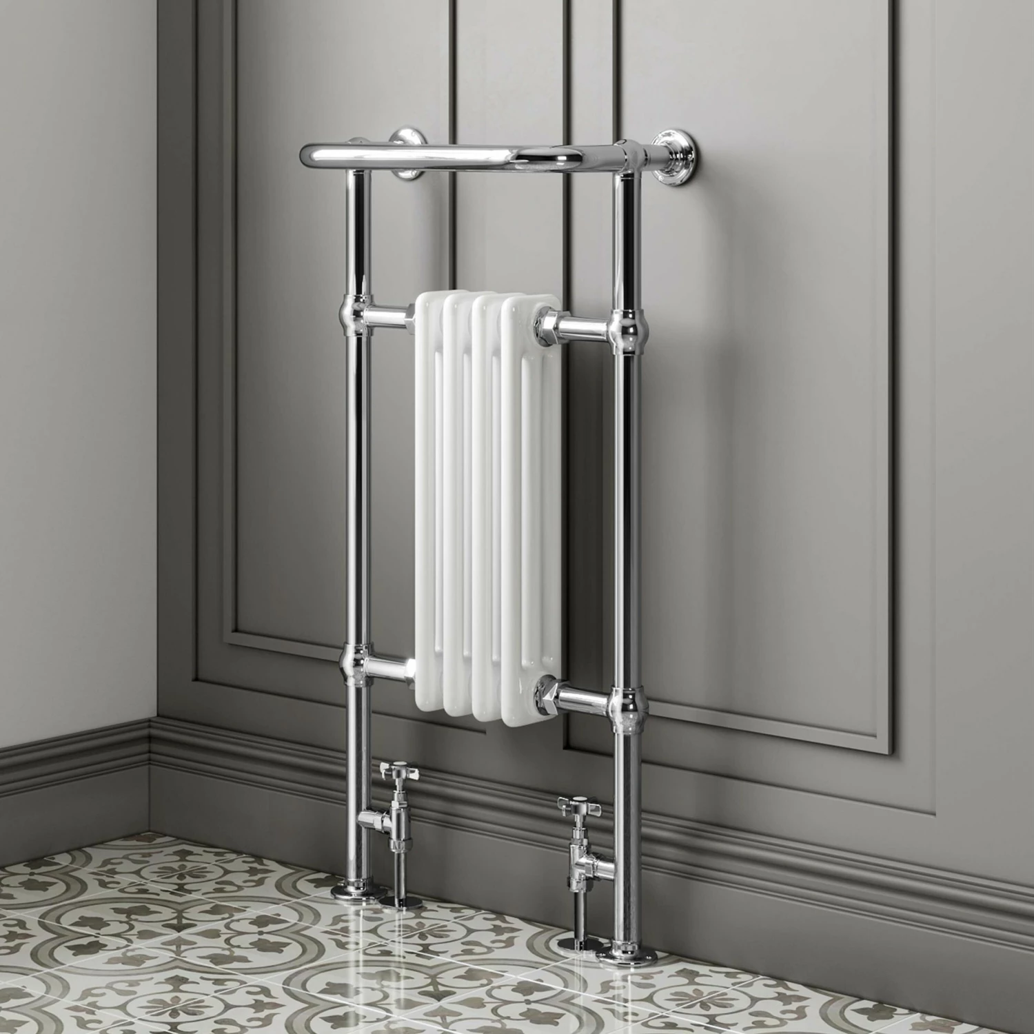 Gibraltar Small White Traditional Heated Towel Radiator (With Overhanging Rail) - Image 3