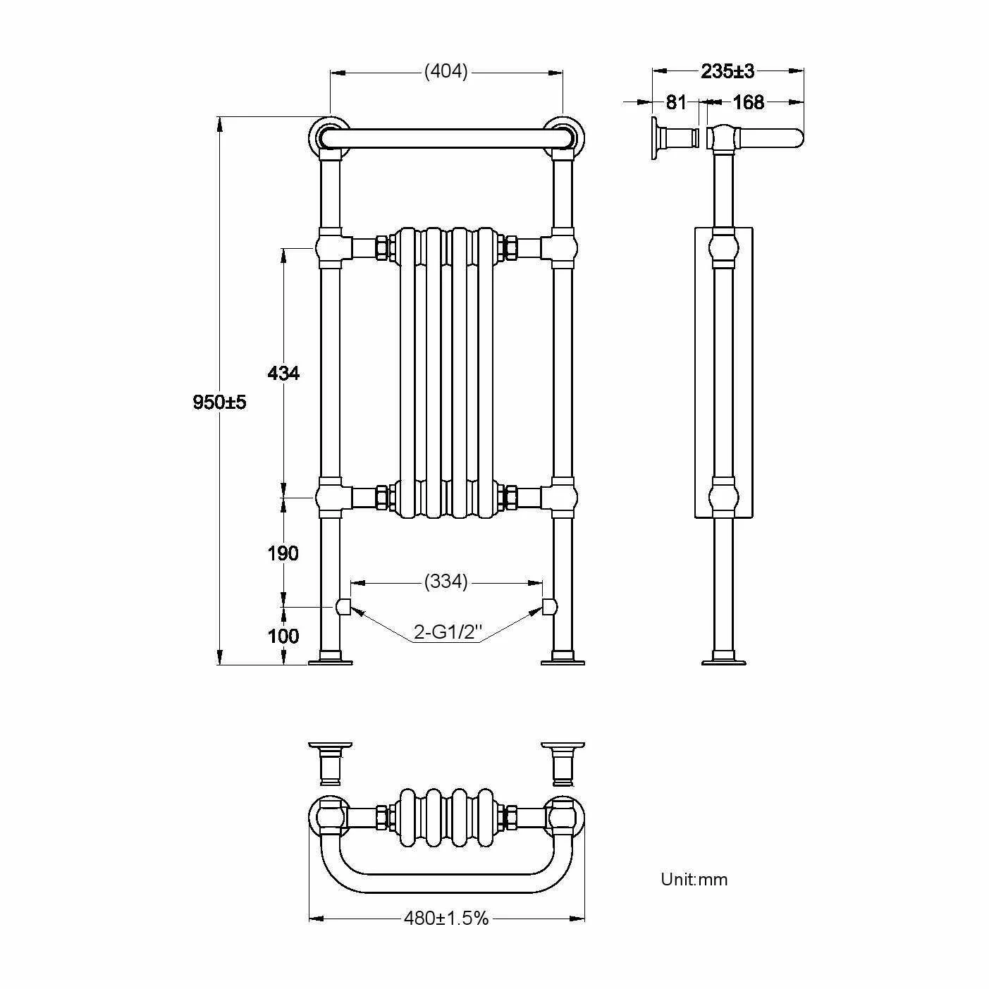 Gibraltar Small White Traditional Heated Towel Radiator (With Overhanging Rail) - Image 6