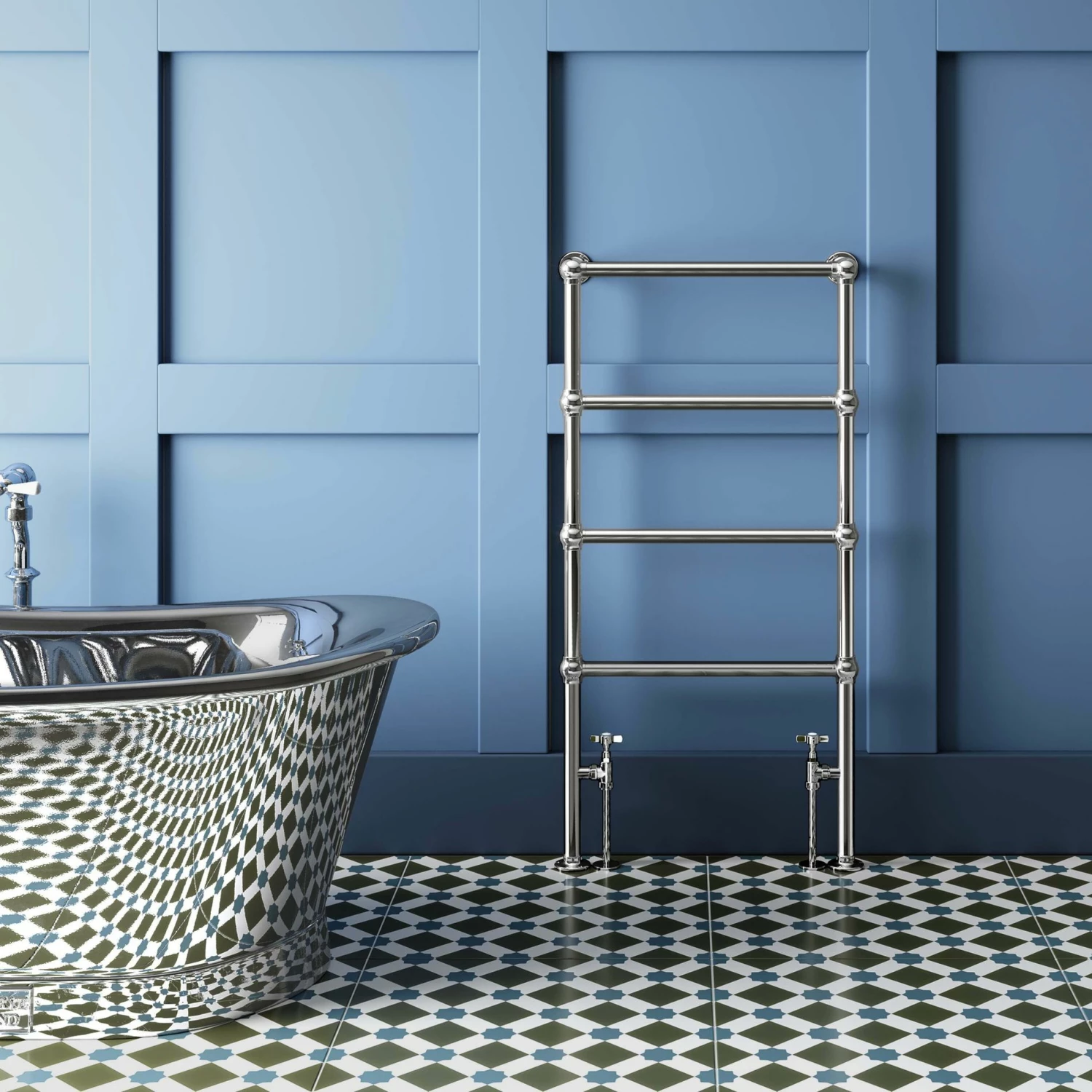 Gibraltar Floor Standing Traditional Chrome Heated Towel Rail 1200x600mm - Image 2