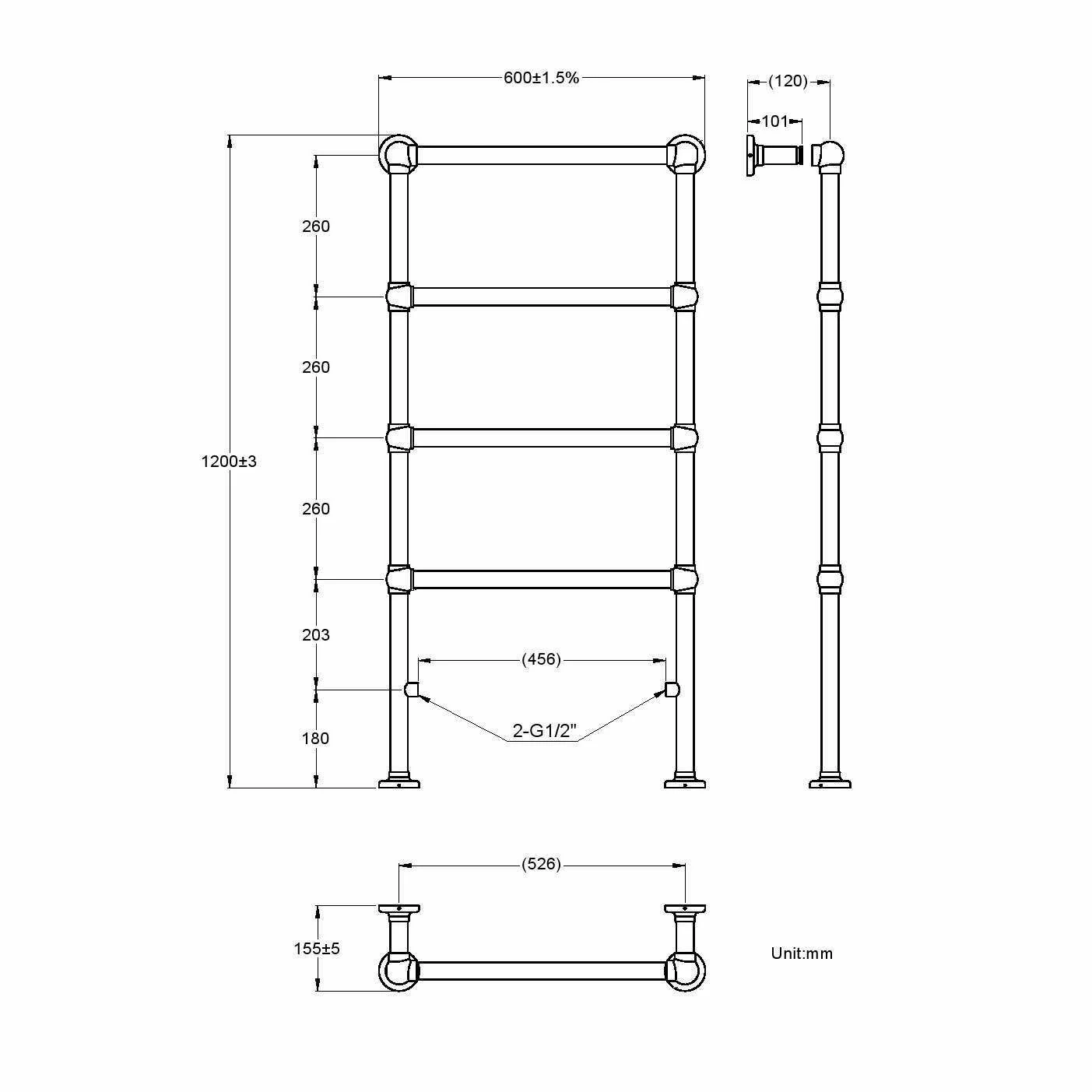 Gibraltar Floor Standing Traditional Chrome Heated Towel Rail 1200x600mm - Image 7