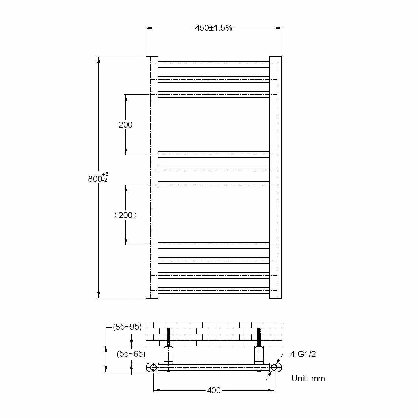 Barcelona Anthracite Straight Heated Towel Rail 800x450mm - Image 3