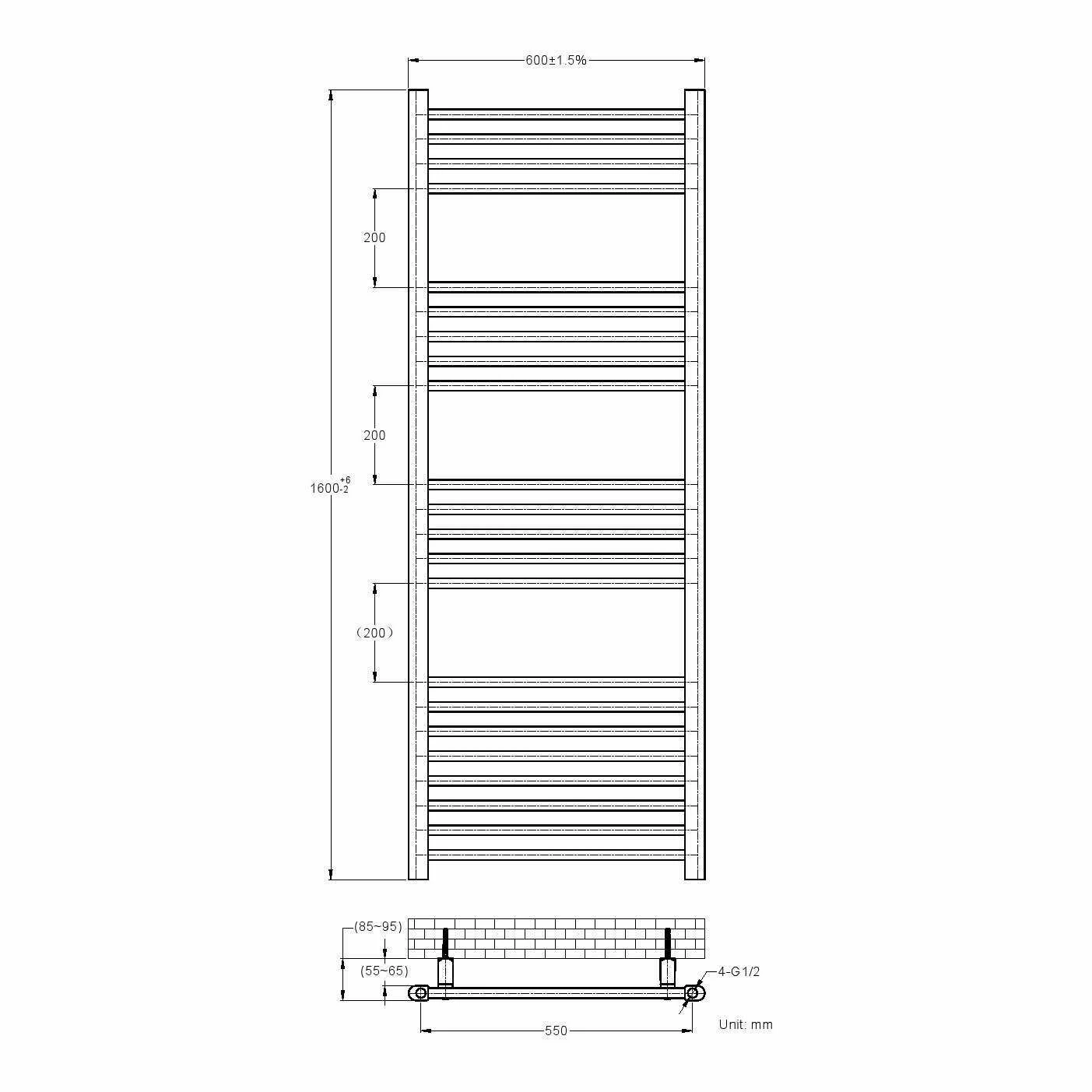 Barcelona Anthracite Straight Heated Towel Rail 1600x600mm - Image 3