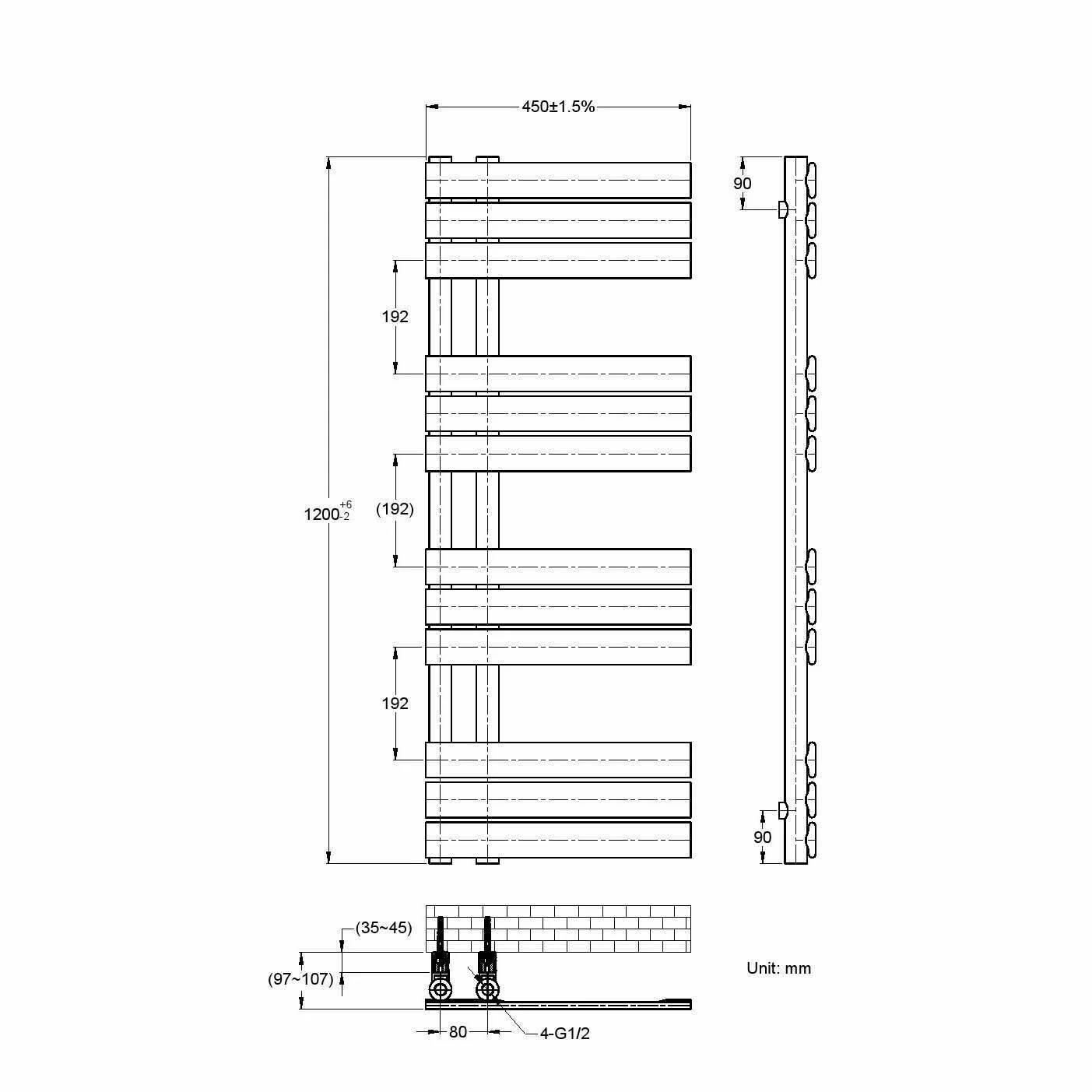 Seville Matt Black Designer Flat Panel Heated Towel Rail 1200x450mm - Image 6