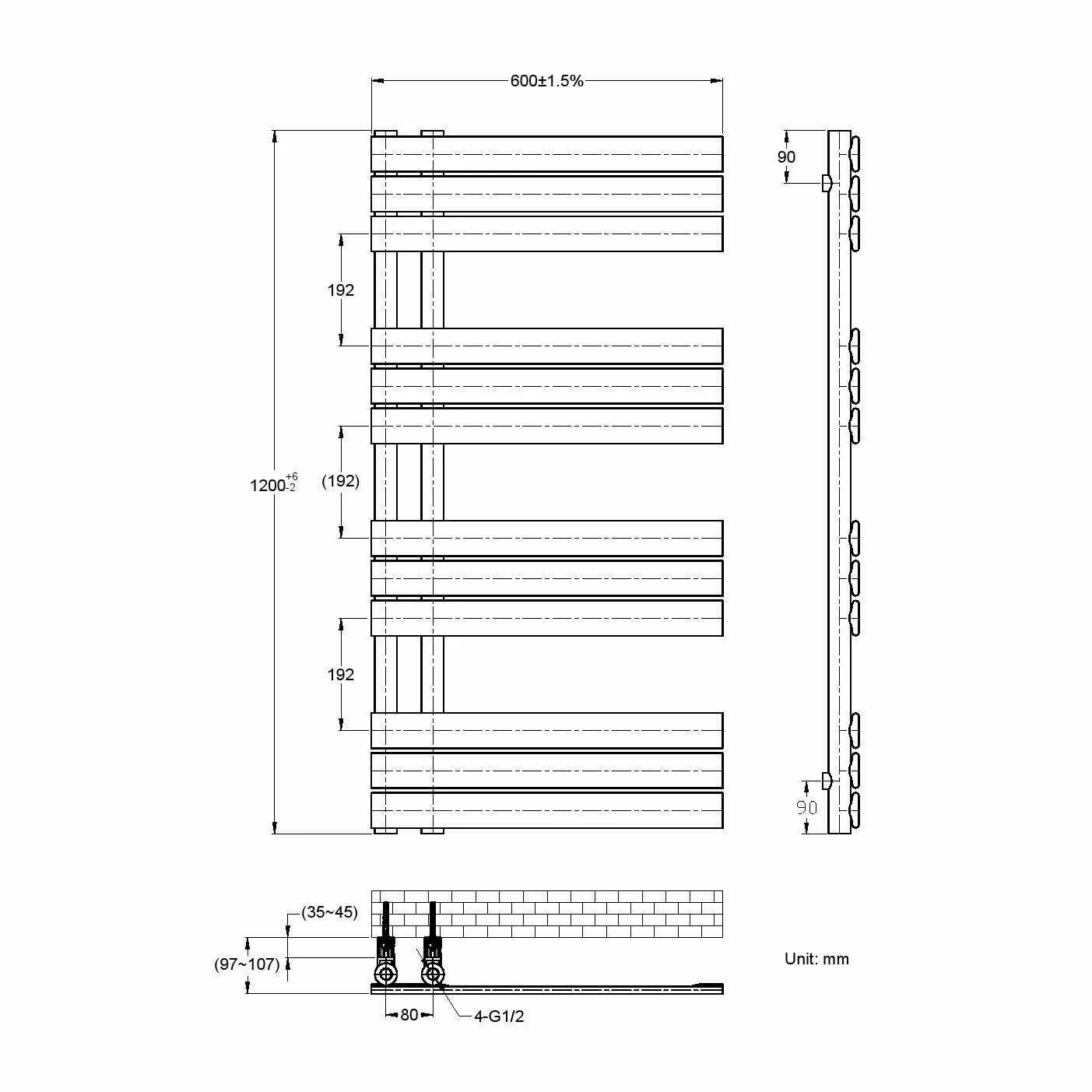 Seville Matt Black Designer Flat Panel Heated Towel Rail 1200x600mm - Image 6