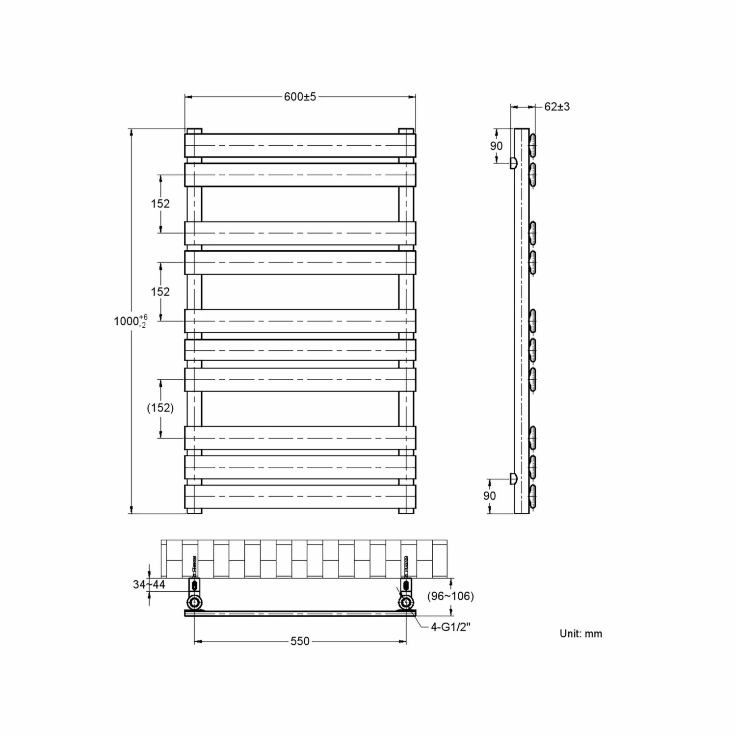 Santorini White Flat Panel Heated Towel Rail 1000x600mm - Image 7