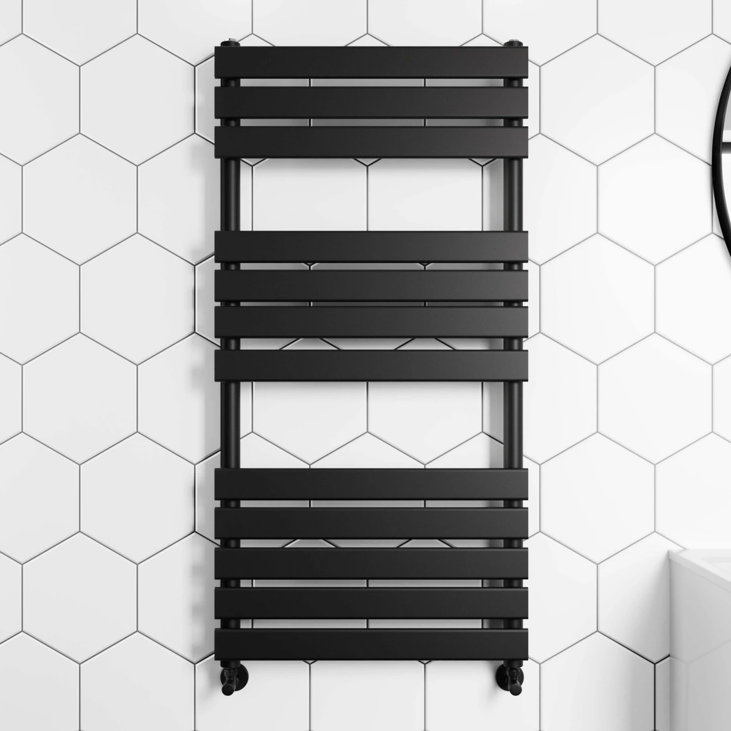 Santorini Matt Black Flat Panel Heated Towel Rail 1200x600mm - Image 2