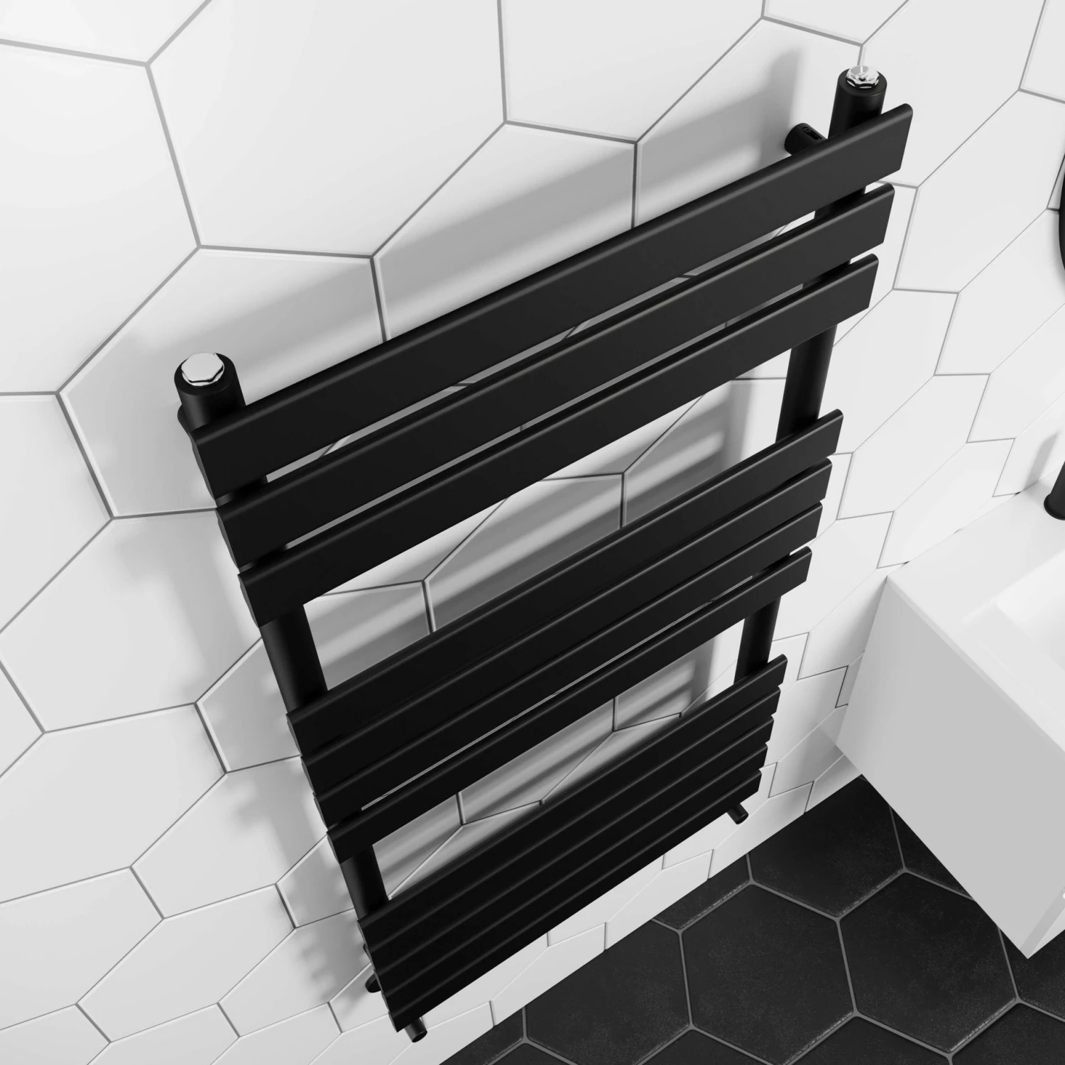 Santorini Matt Black Flat Panel Heated Towel Rail 1200x600mm - Image 3