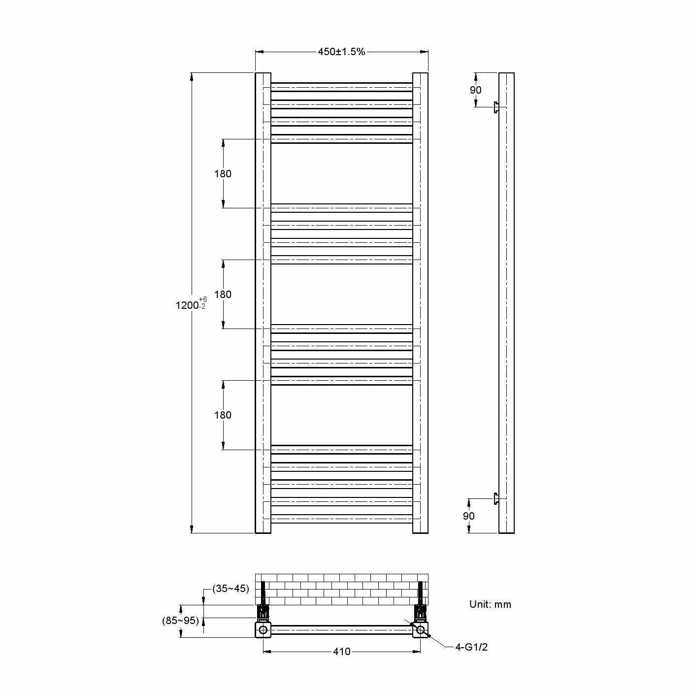 Valetta Matt Black Square Heated Towel Rail 1200x450mm - Image 5