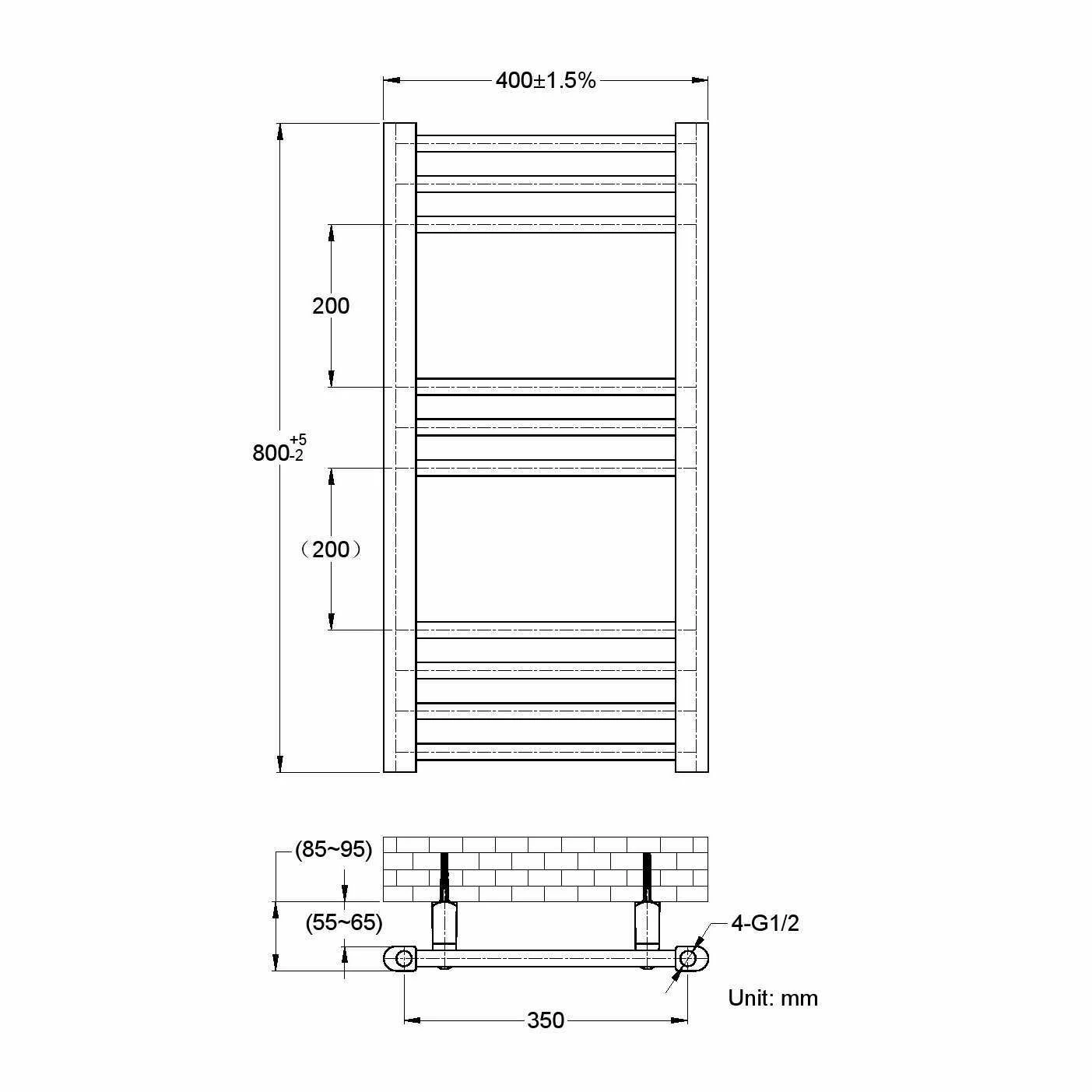 Barcelona Anthracite Straight Heated Towel Rail 800x400mm - Image 3