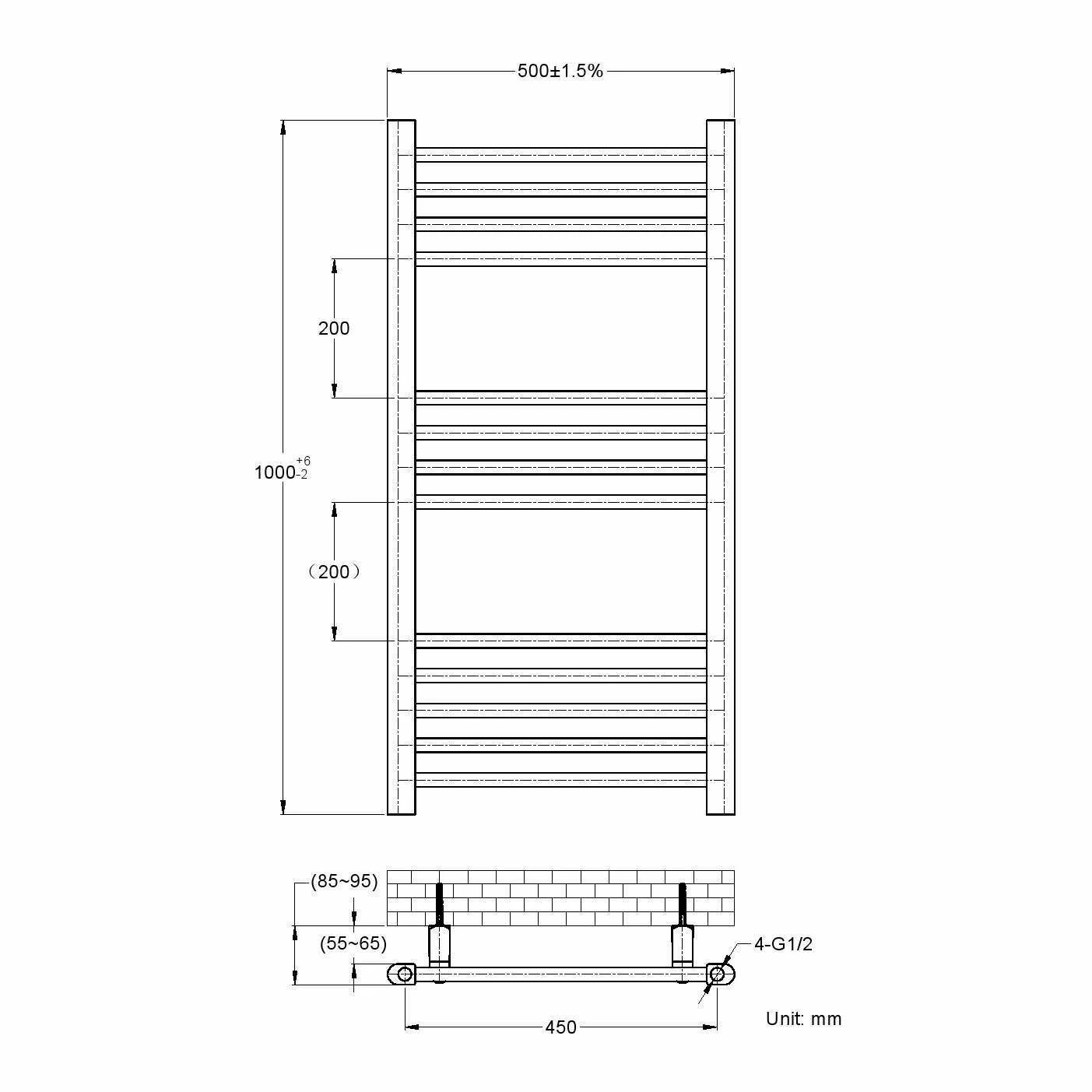 Barcelona Matt Black Straight Heated Towel Rail 1000x500mm - Image 5