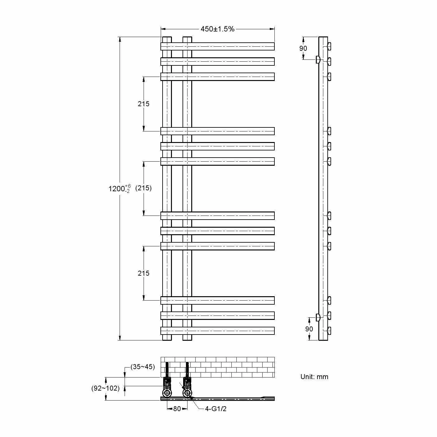 Madrid Matt Black Designer Heated Towel Rail 1200x450mm - Image 6