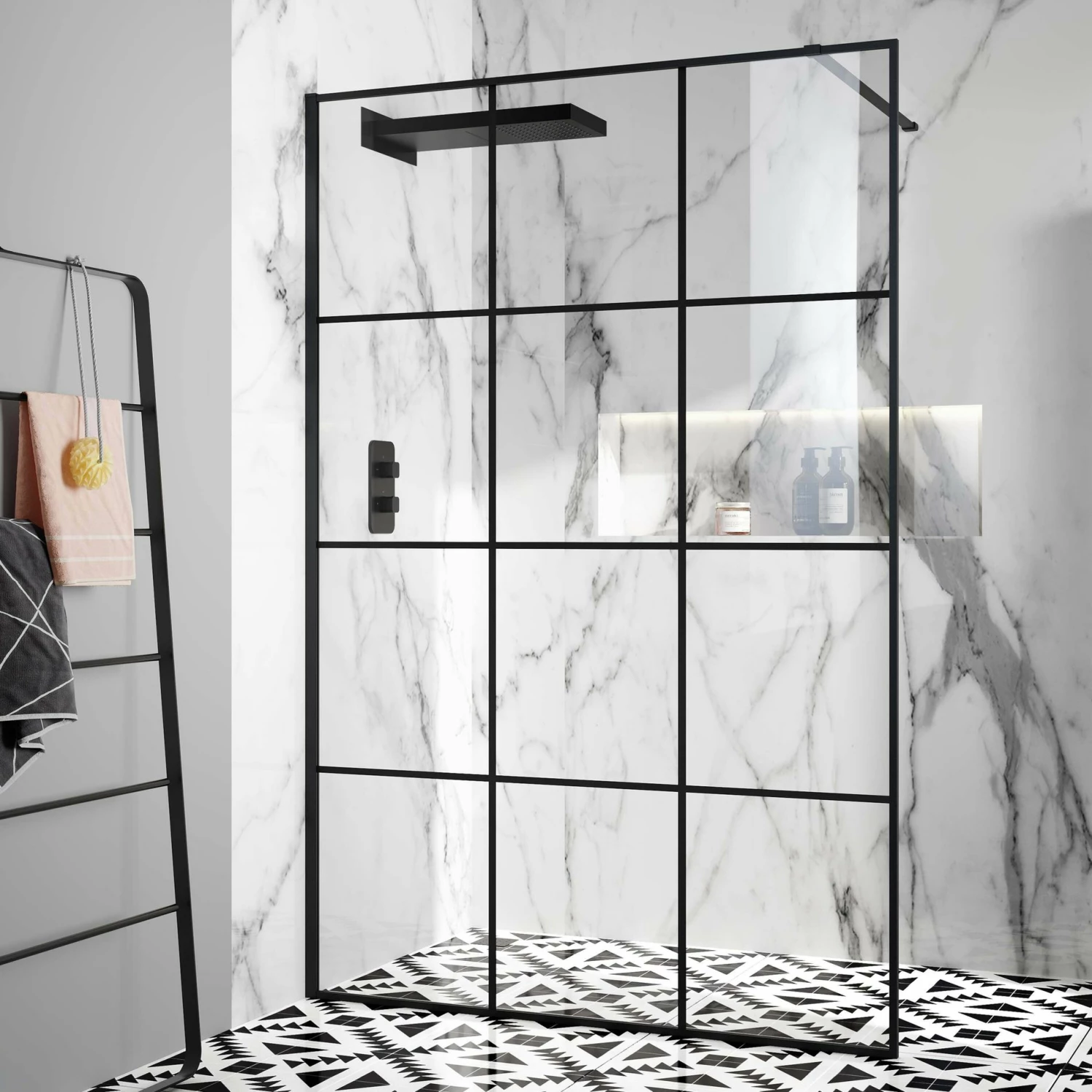 Munich Matt Black Crittall Style Easy Clean 8mm Wet Room Shower Glass Panel 1400mm