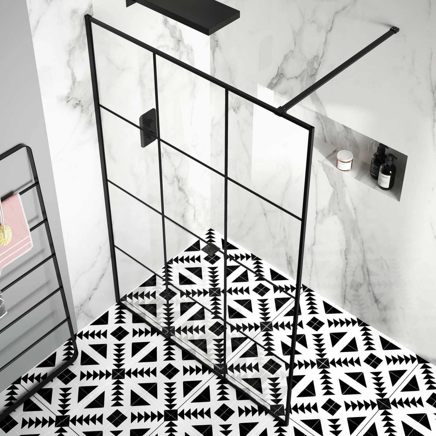 Munich Matt Black Crittall Style Easy Clean 8mm Wet Room Shower Glass Panel 1400mm - Image 2