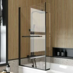 6mm L Shaped Easy Clean Bath Screen With Towel Rail - Matt Black