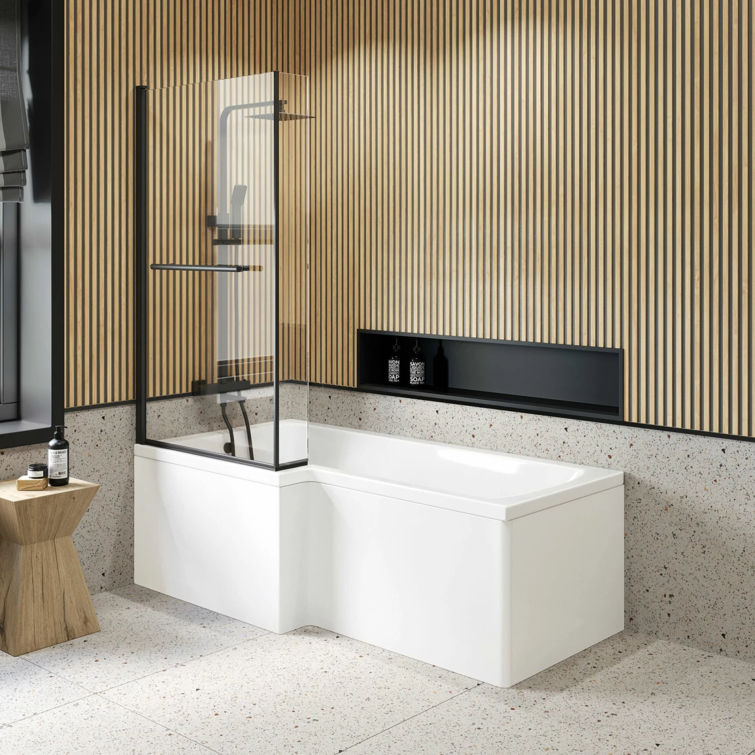 6mm L Shaped Easy Clean Bath Screen With Towel Rail - Matt Black - Image 2