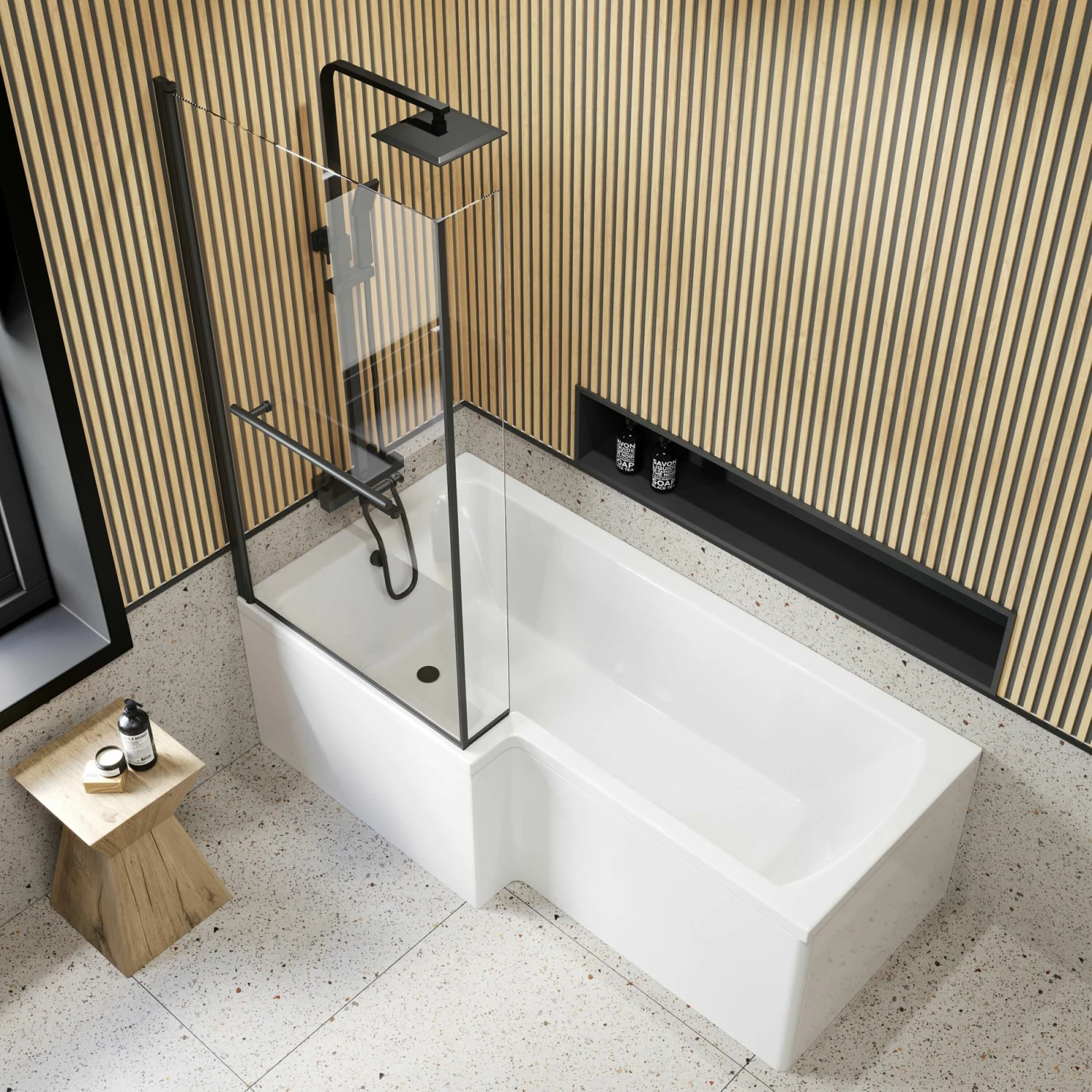 6mm L Shaped Easy Clean Bath Screen With Towel Rail - Matt Black - Image 3