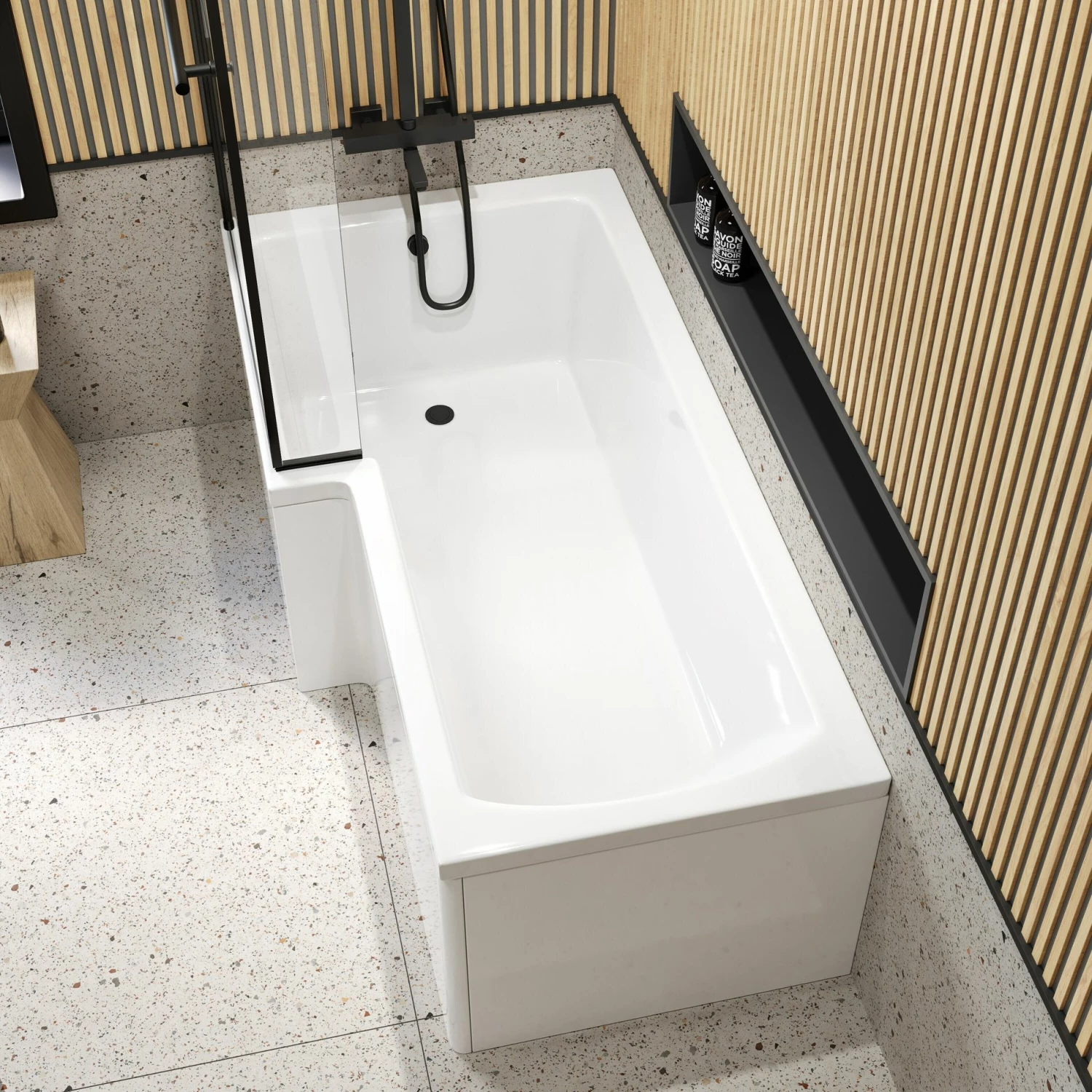 6mm L Shaped Easy Clean Bath Screen With Towel Rail - Matt Black - Image 4