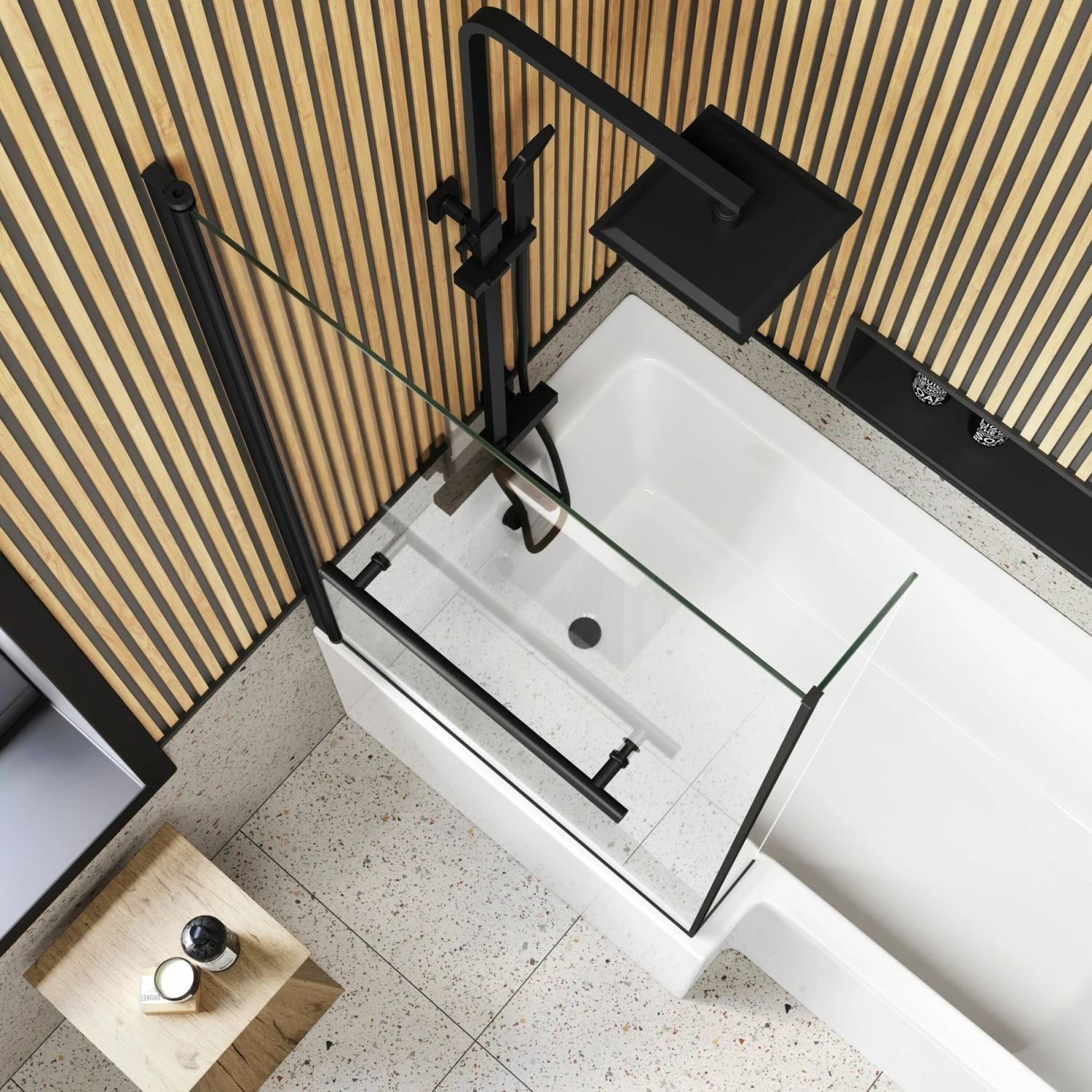 6mm L Shaped Easy Clean Bath Screen With Towel Rail - Matt Black - Image 5