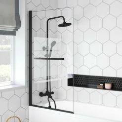Venice 4mm Matt Black Bath Screen With Towel Rail - 800mm