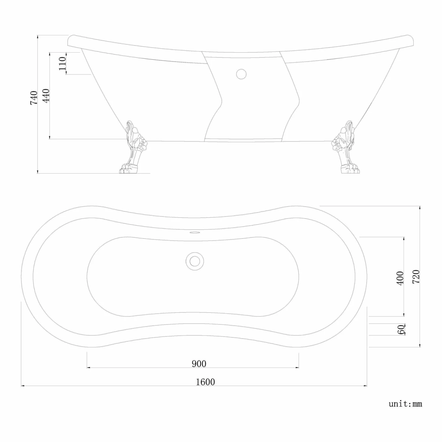 Tonbridge 1600mm Roll Top Bath - White Claw Feet - Image 3