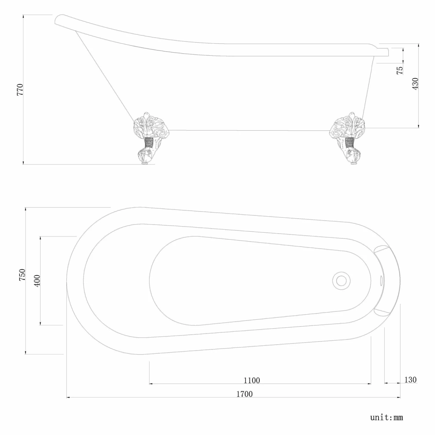 Highbury 1700mm Roll Top Slipper Bath - Chrome Ball Feet - Image 2