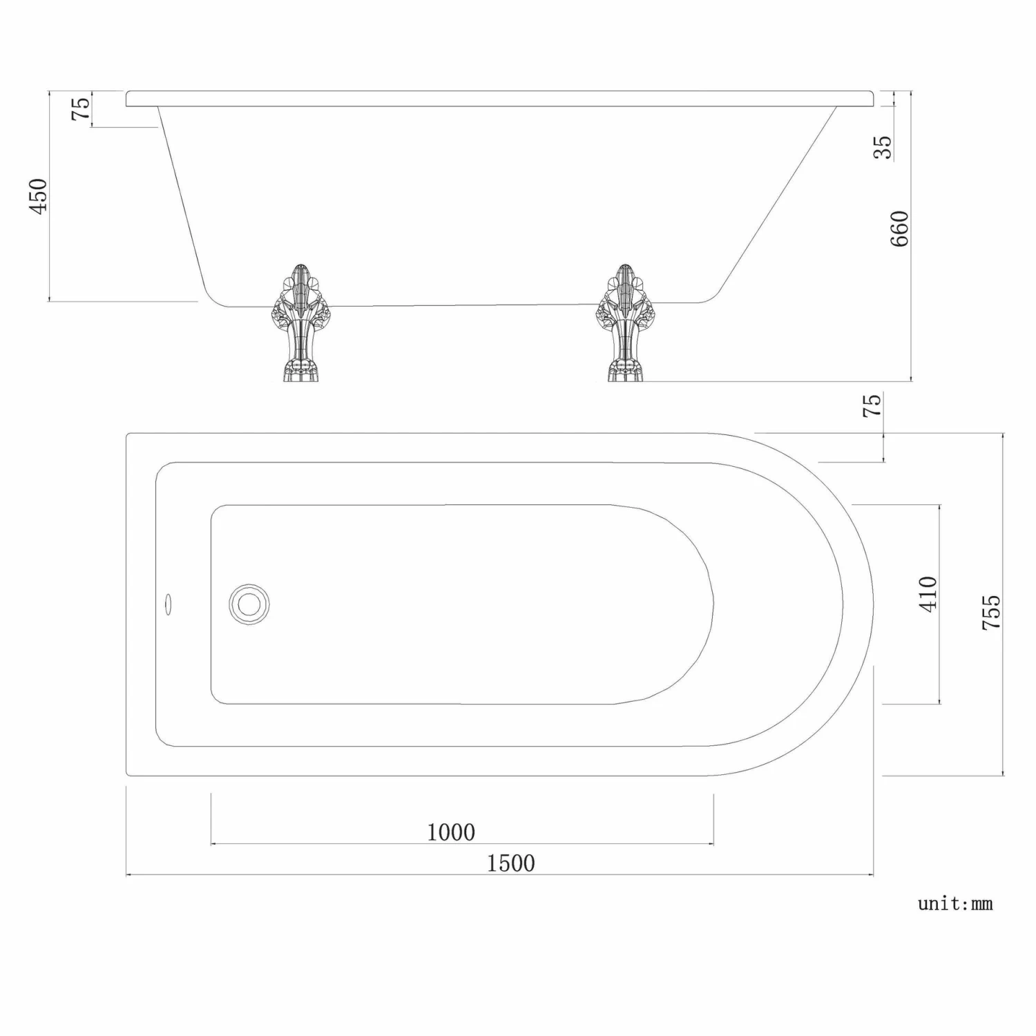 Abingdon 1500mm Roll Top Shower Bath - Black Claw Feet & 6mm Easy Clean Screen - Image 3