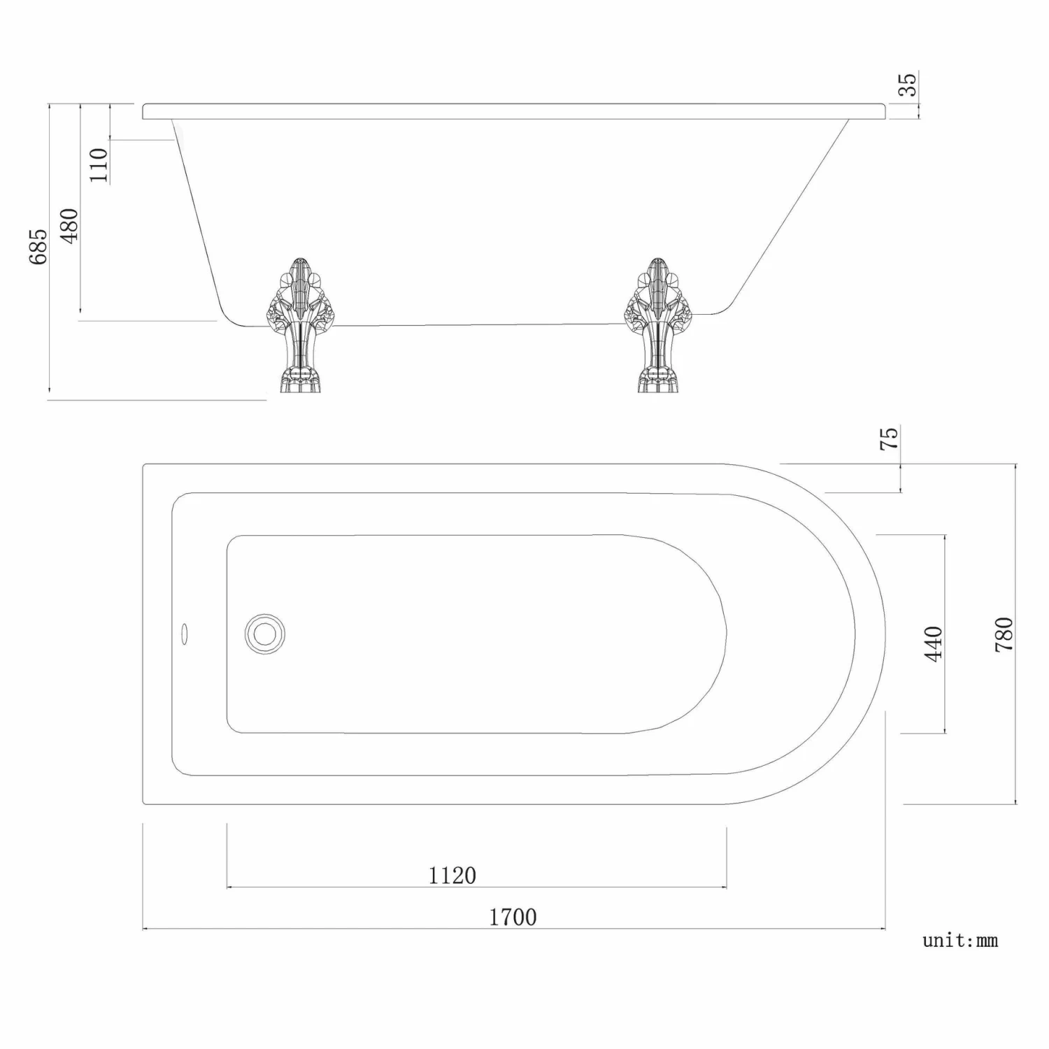 Abingdon 1700mm Dove Grey Roll Top Shower Bath - Chrome Claw Feet & 6mm Easy Clean Screen With Rail - Image 3