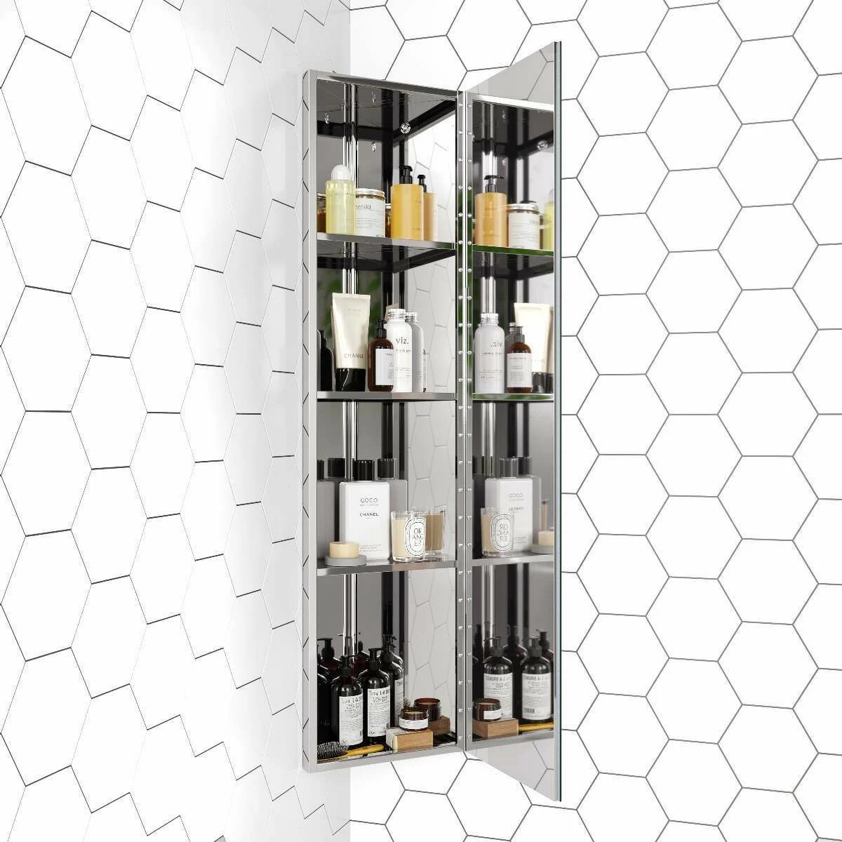 Madelyn Corner Stainless Steel Mirror Cabinet 1200mm Tall - Image 3