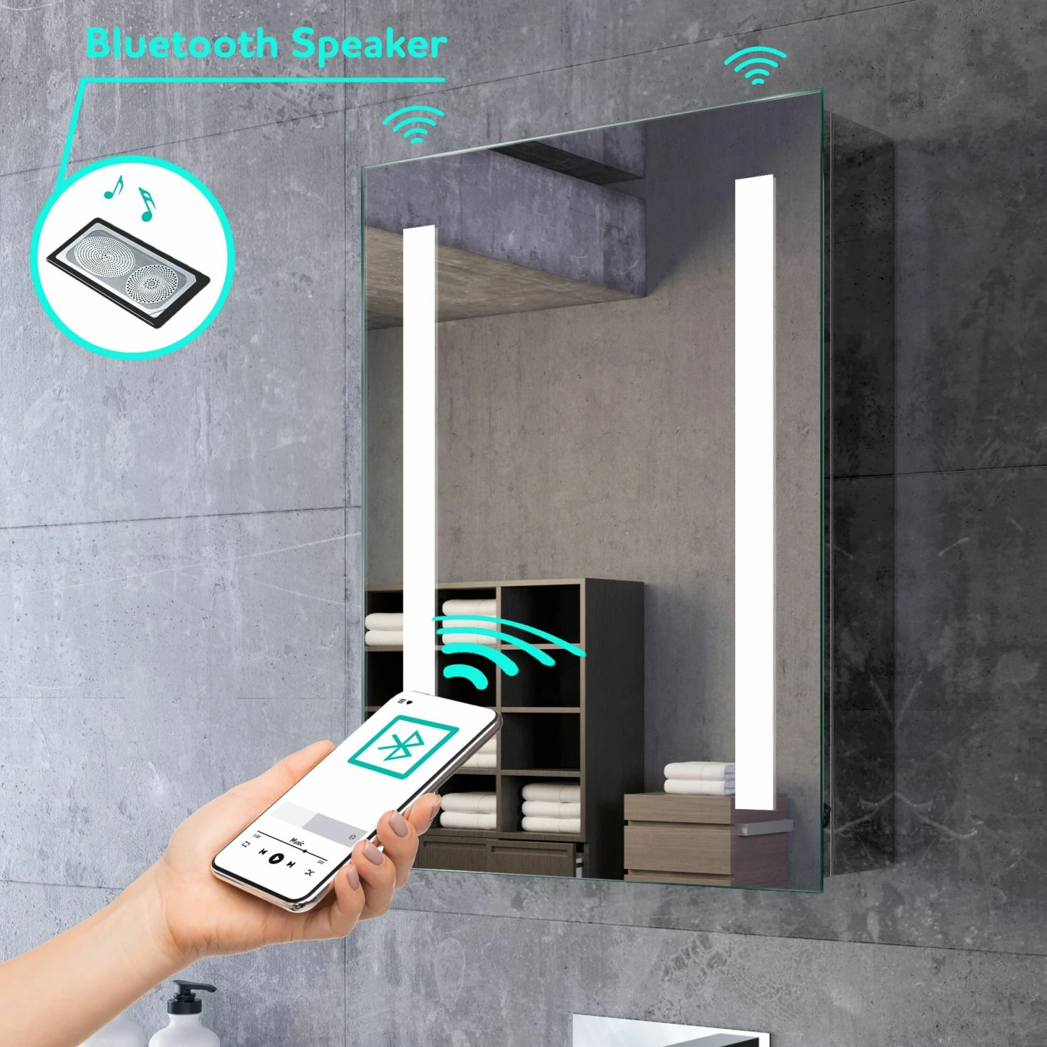Emielia Illuminated LED Mirror Cabinet With BLUETOOTH Speaker 600x450mm - Image 7