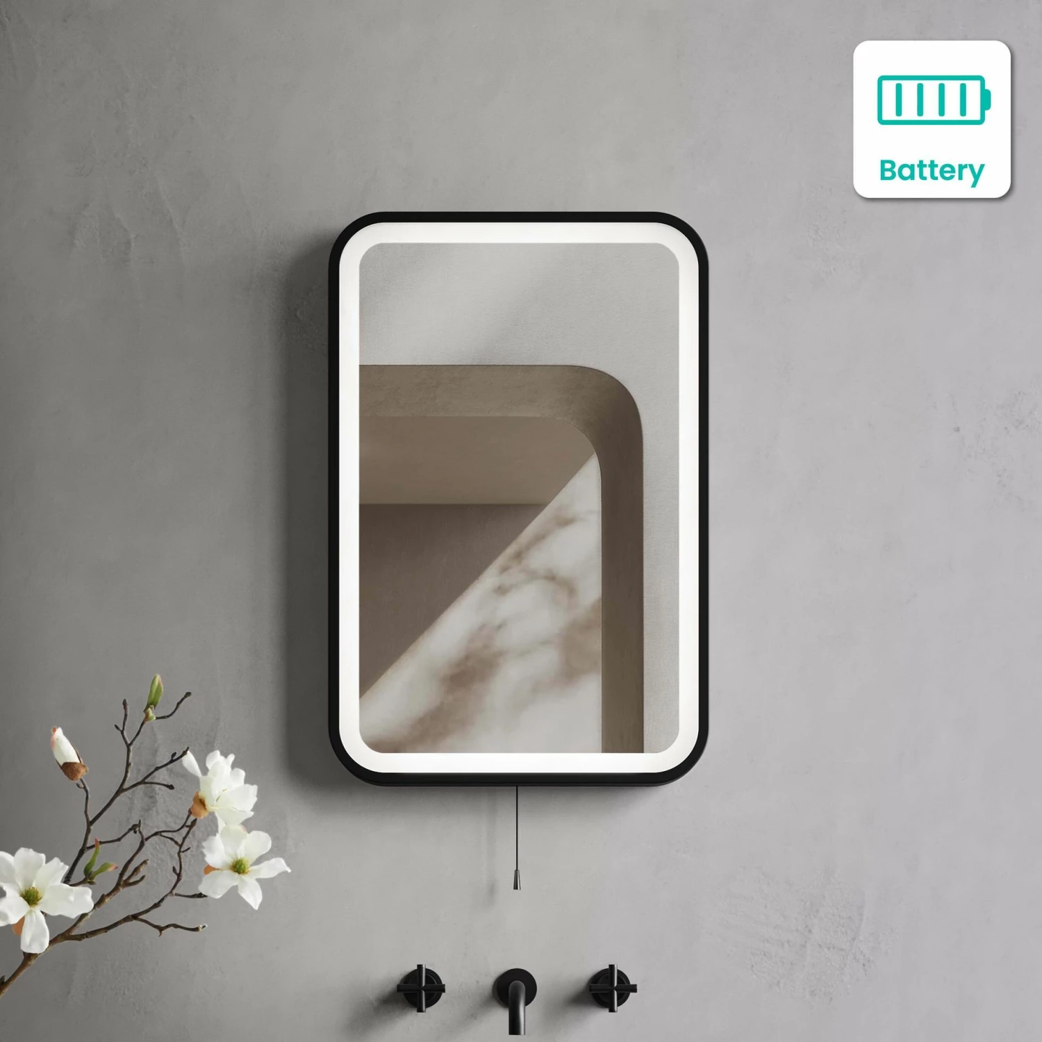 Olivia Battery Operated Black Framed Illuminated LED Mirror 600x400mm