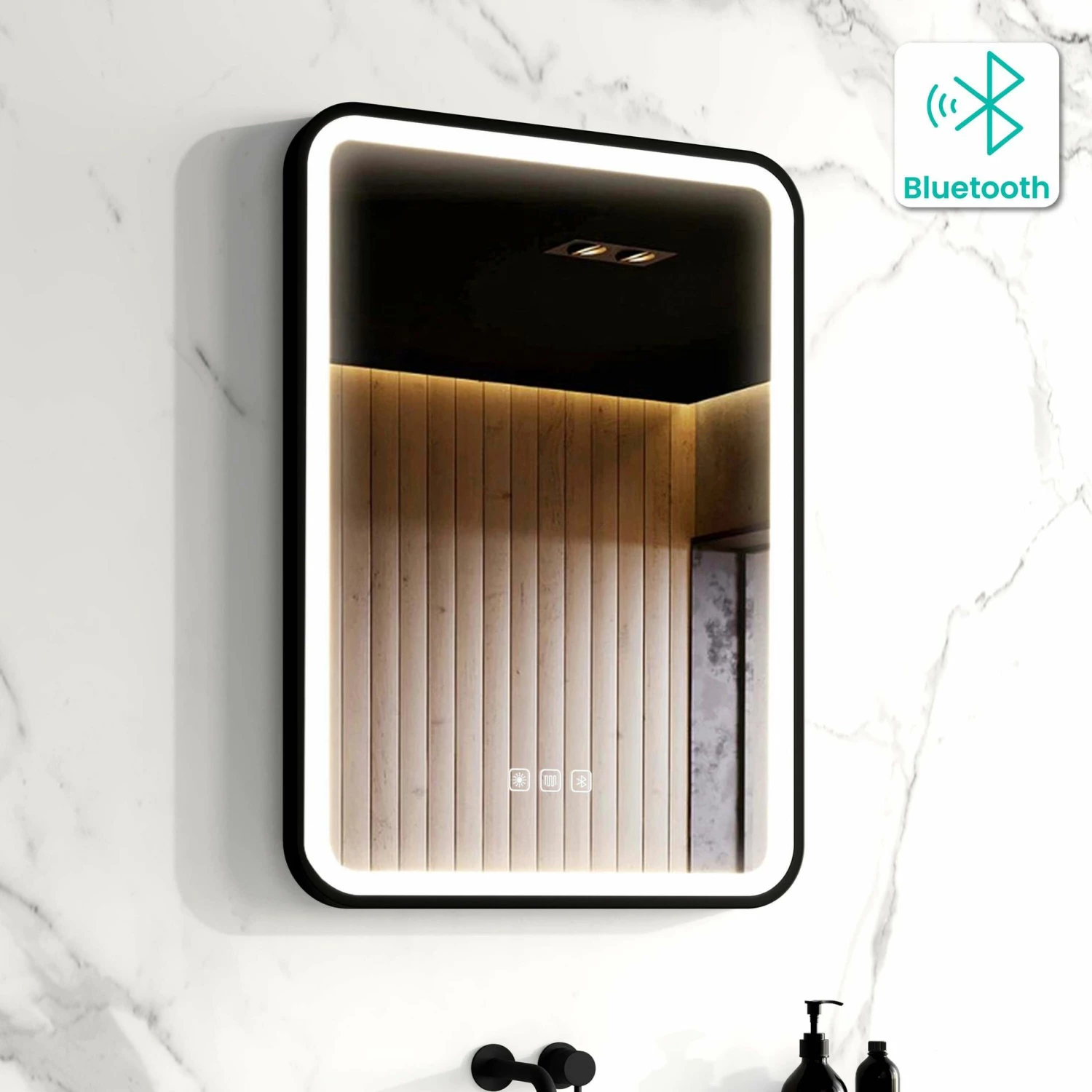 Olivia Black Framed Illuminated LED Mirror With BLUETOOTH Speaker 700x500mm