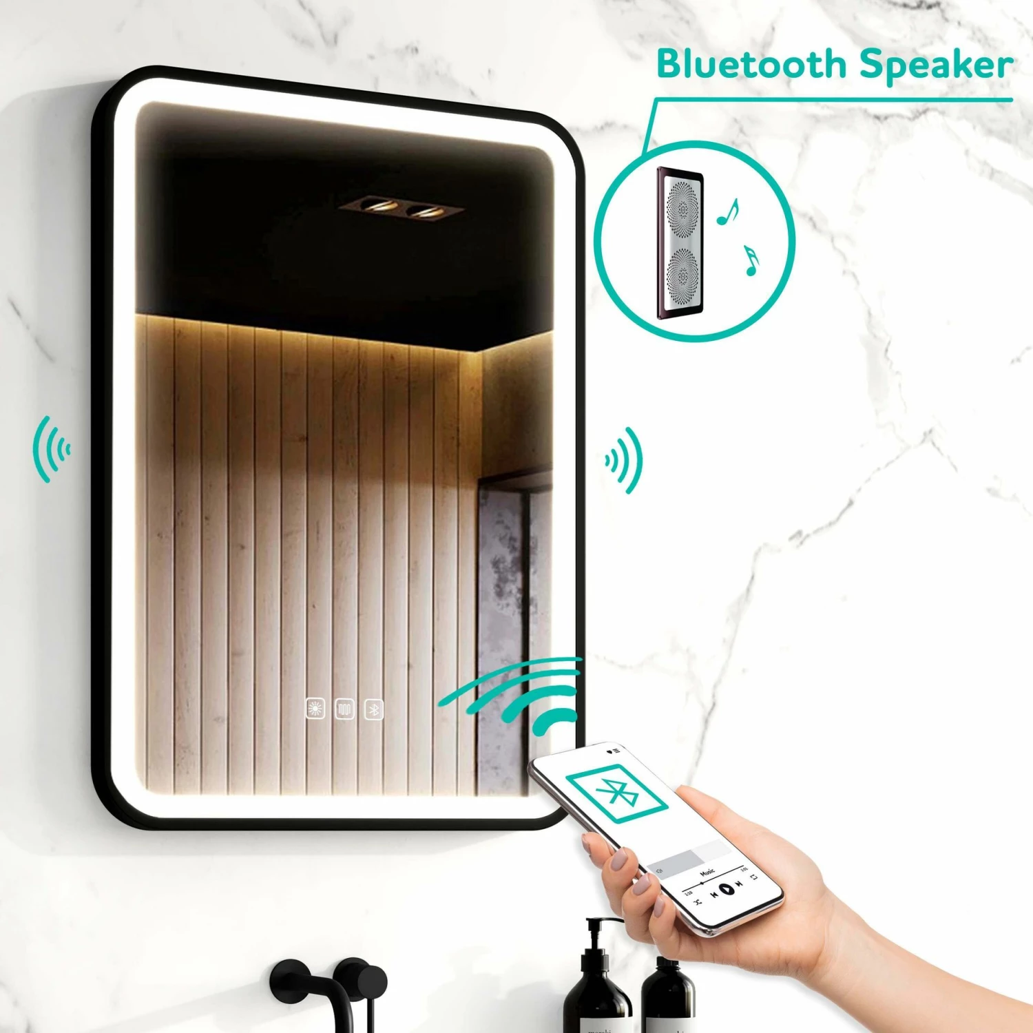 Olivia Black Framed Illuminated LED Mirror With BLUETOOTH Speaker 700x500mm - Image 5