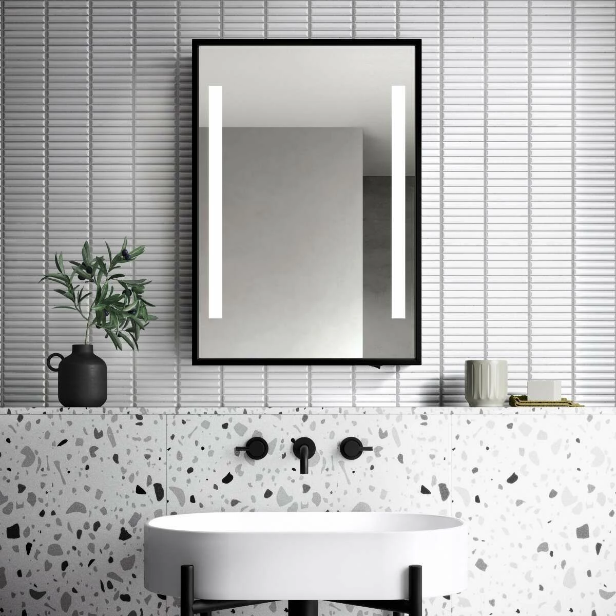 Mia Battery Operated Black Framed Illuminated LED Mirror Cabinet 710x500mm - Image 2