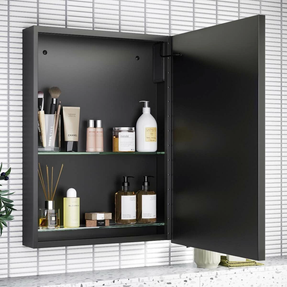 Mia Battery Operated Black Framed Illuminated LED Mirror Cabinet 710x500mm - Image 3